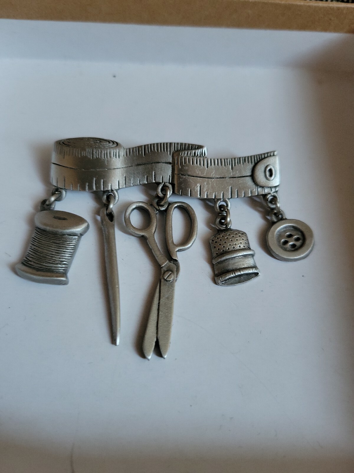 Vintage JJ Measuring Tape Brooch Pin Dangling Notions Silver Tone
