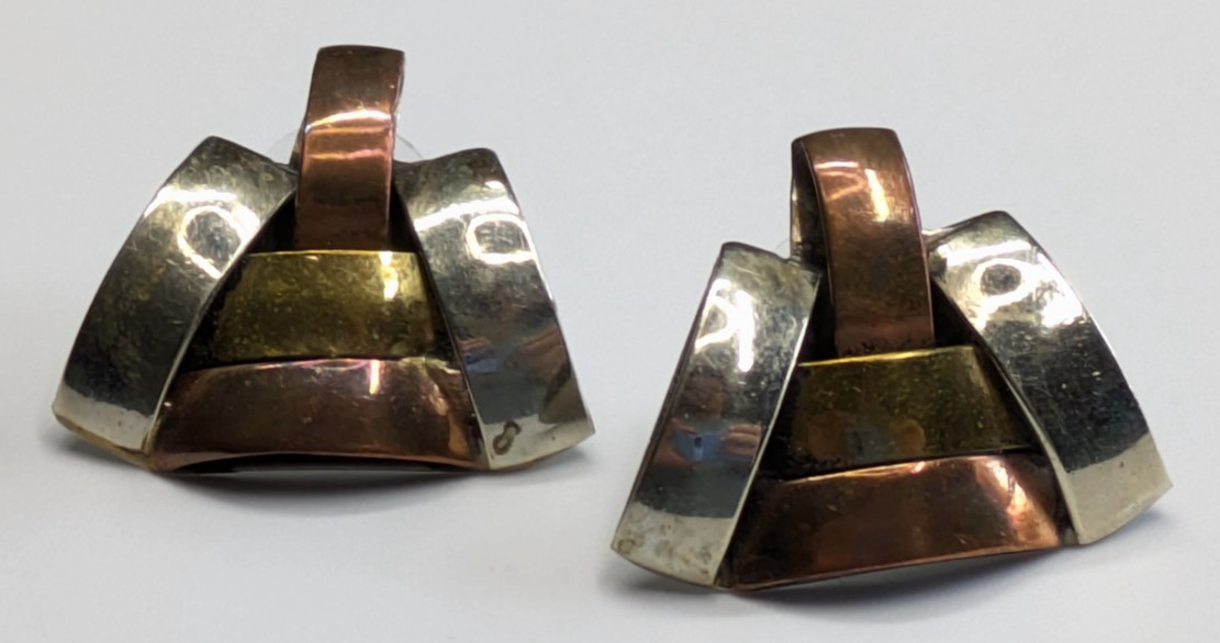VTG Artisan Copper Brass Silver Tone Metal Modernist Pierced Earrings 7/8″