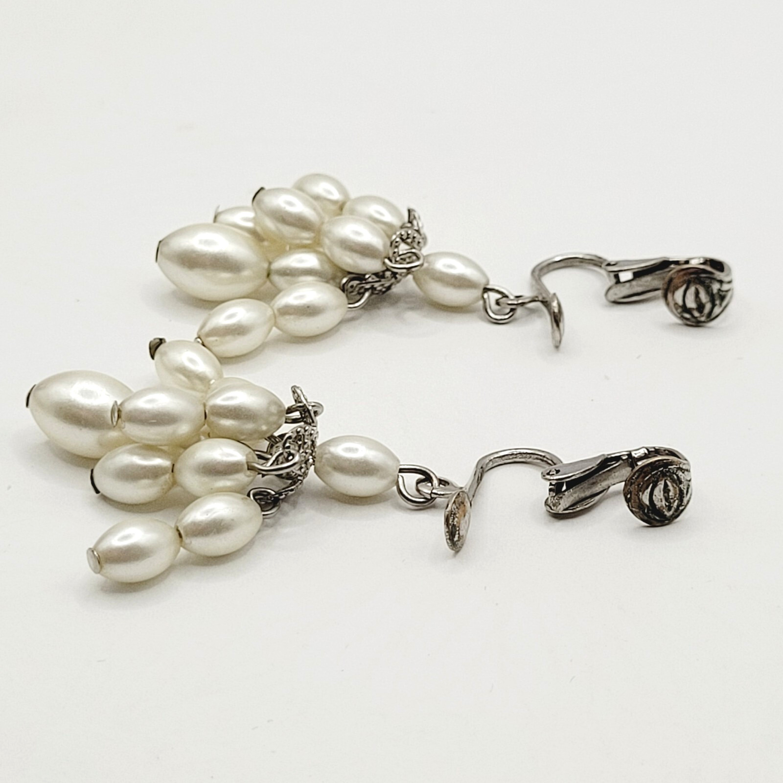 Faux Pearl Drop Dangle Cluster Silver Tone Clip On Fancy Vtg Costume Earrings