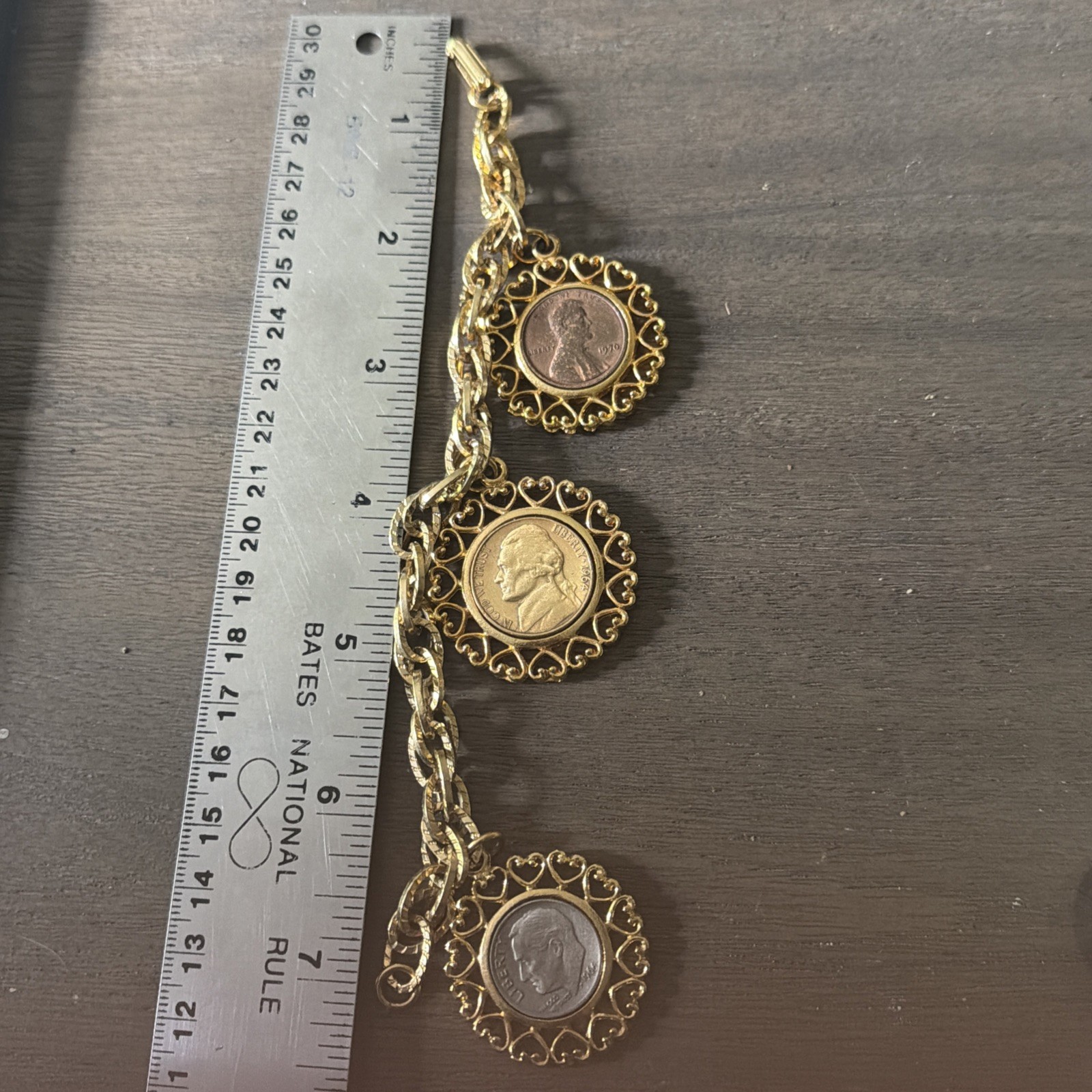 Vintage Three Coins In The Fountain Charm Bracelet Chunky Link Chain WLP