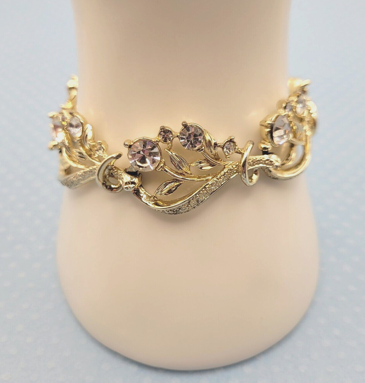 CORO 1960s Clear Rhinestone Bracelet Flower Theme Missing One Small Stone 7 Inch