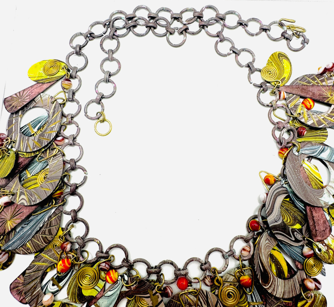Vtg 1980s Fab Enamel Artisan Layered Metal Dangle Purple Pink Red Necklace