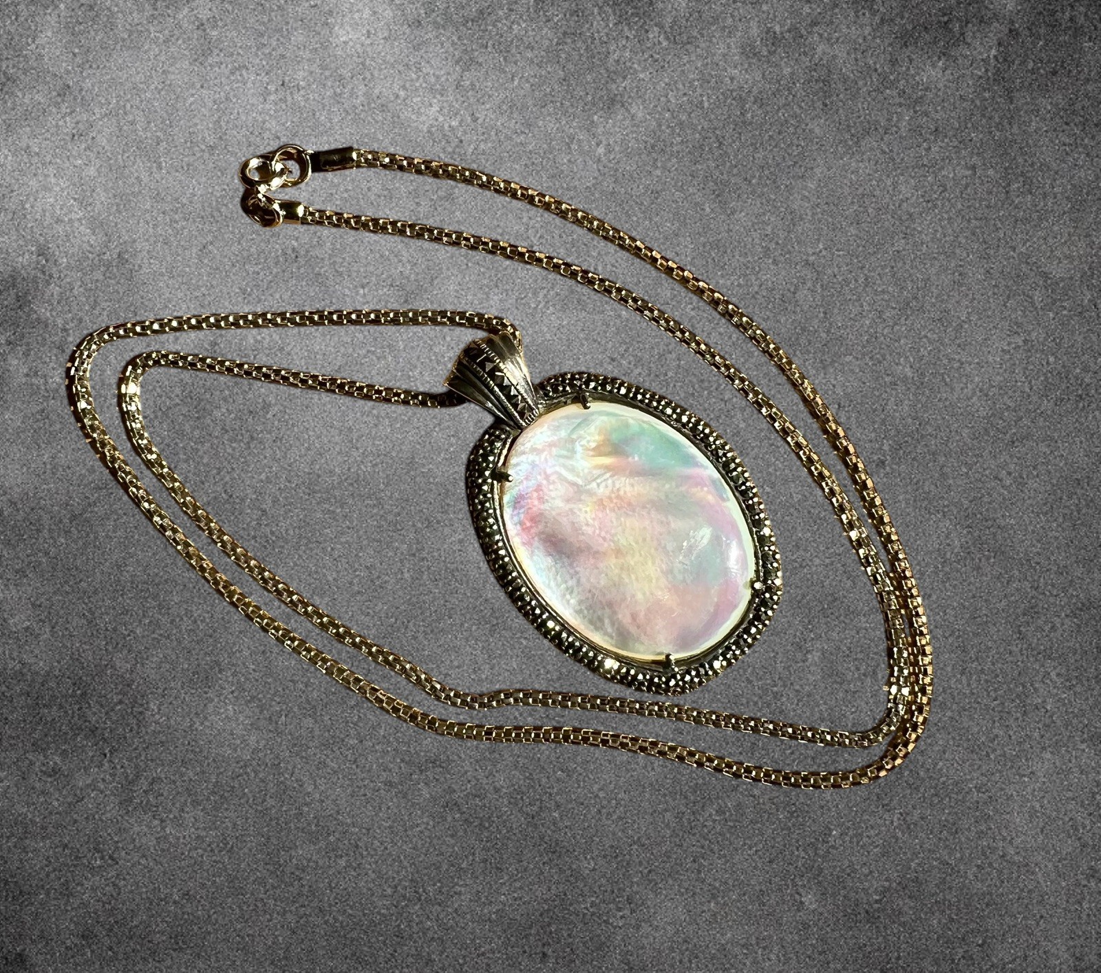925 Sterling SilverVintage Real Mother Of Pearl & Marcasite Oxidized Pendant