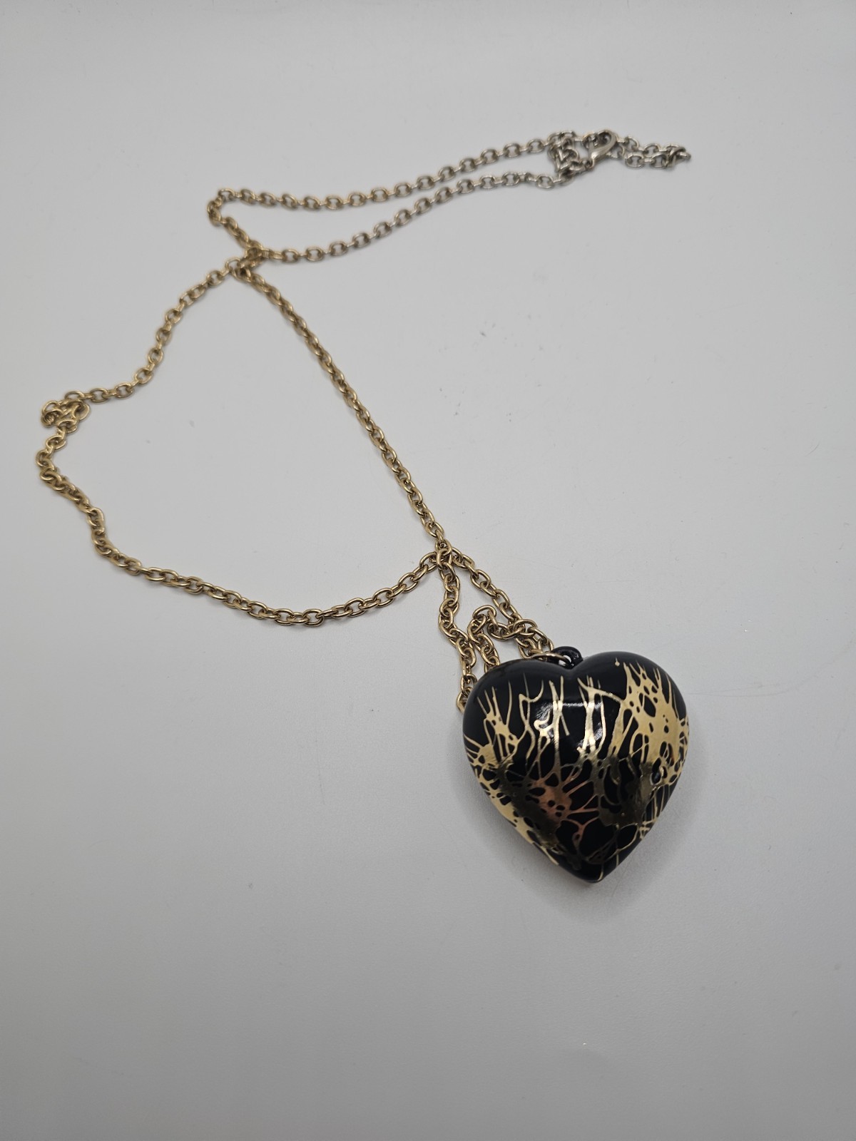 Vintage 80s Punk Black & Metallic Gold Puff Heart Necklace