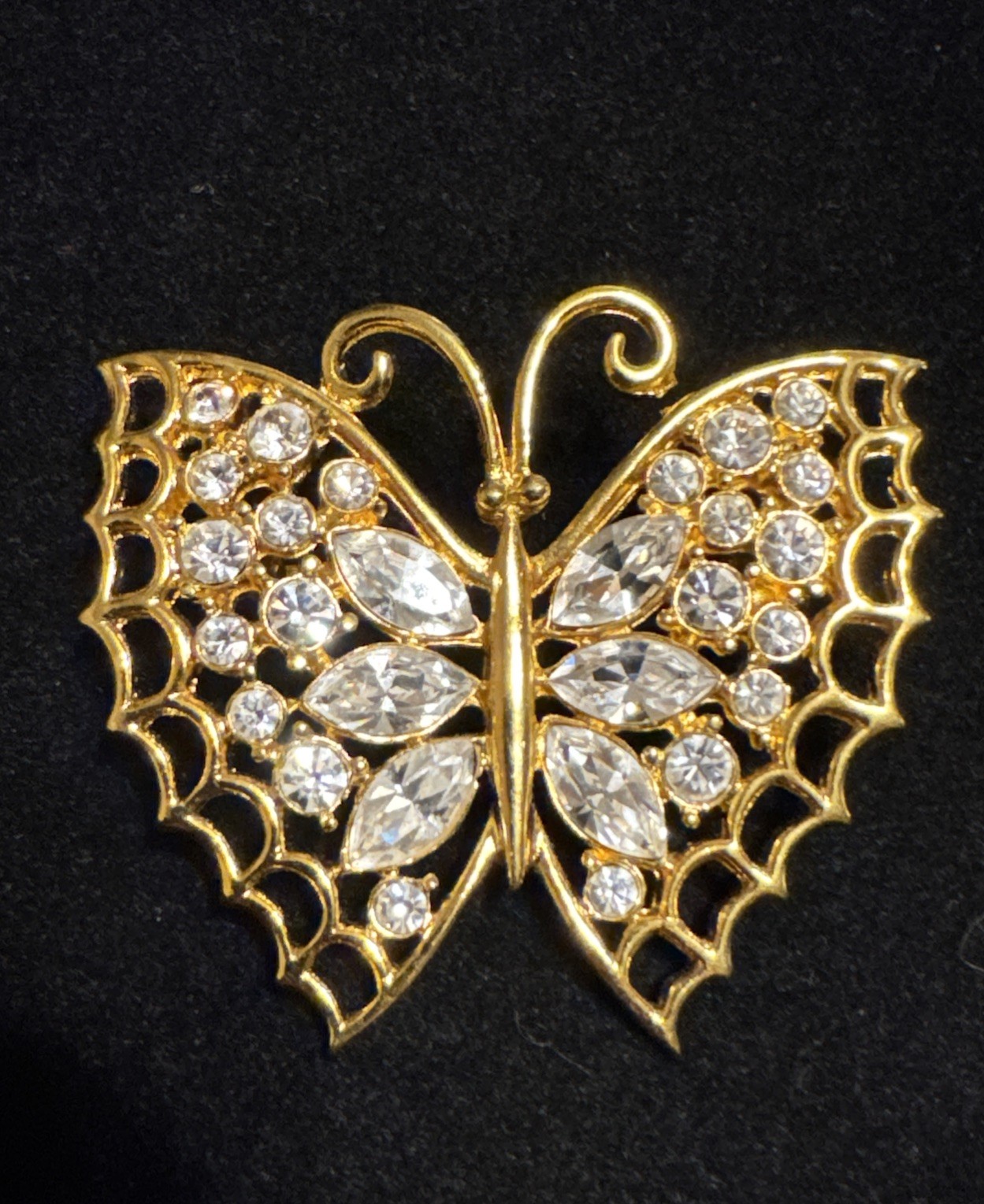 Revere Butterfly Brooch, Gold-tone Filled With White Rhinestones , Signed