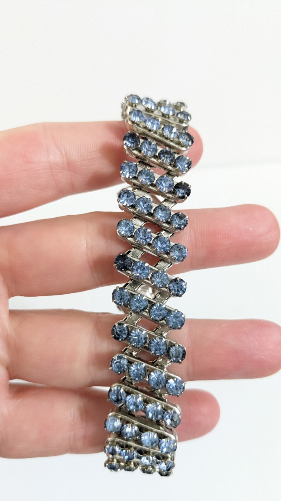 Light Blue Rhinestone And Silver Toned Expanding Bracelet Vintage