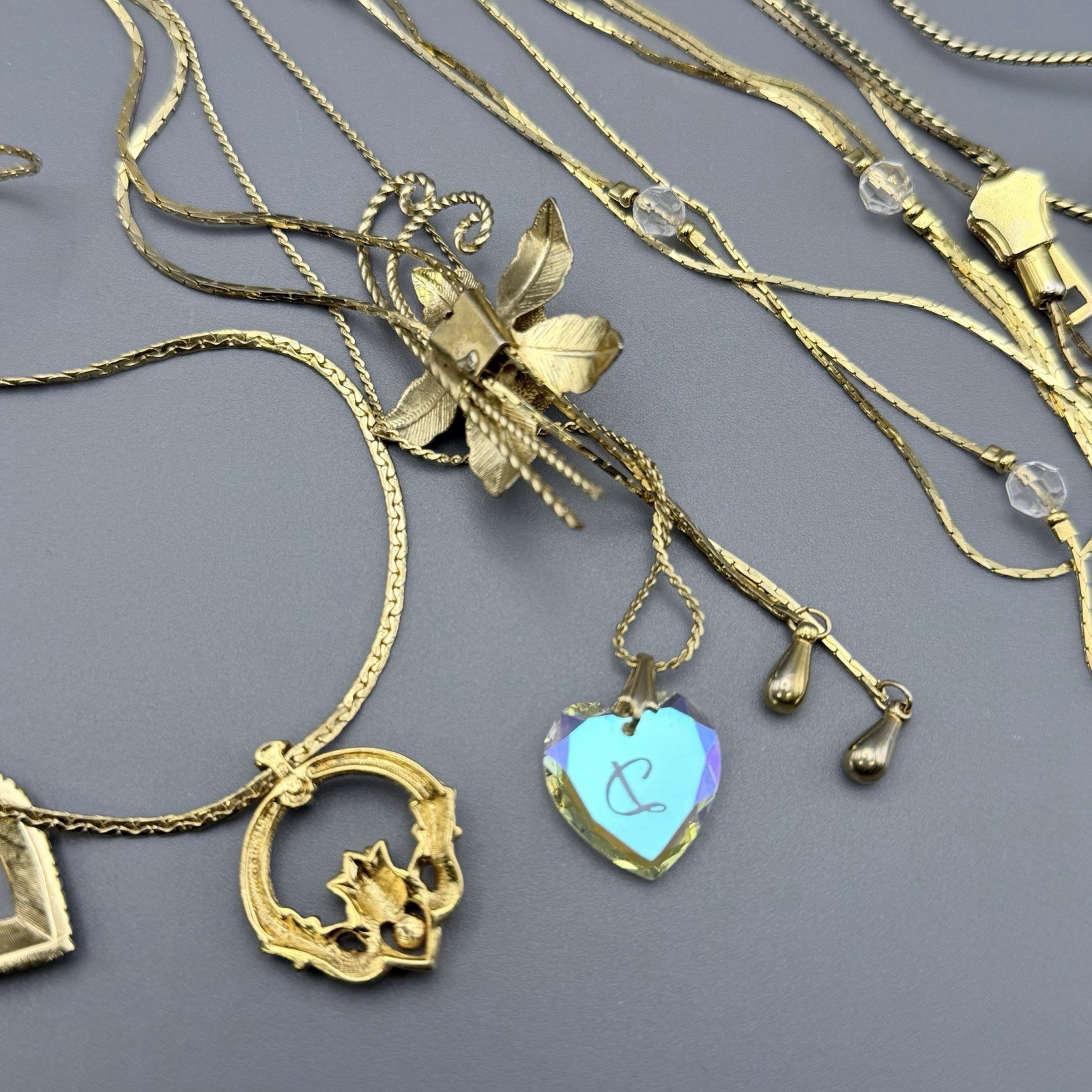 Vintage Necklaces Lot Of 8 Gold Tone Cloisonne Heart Floral Claddagh Zipper