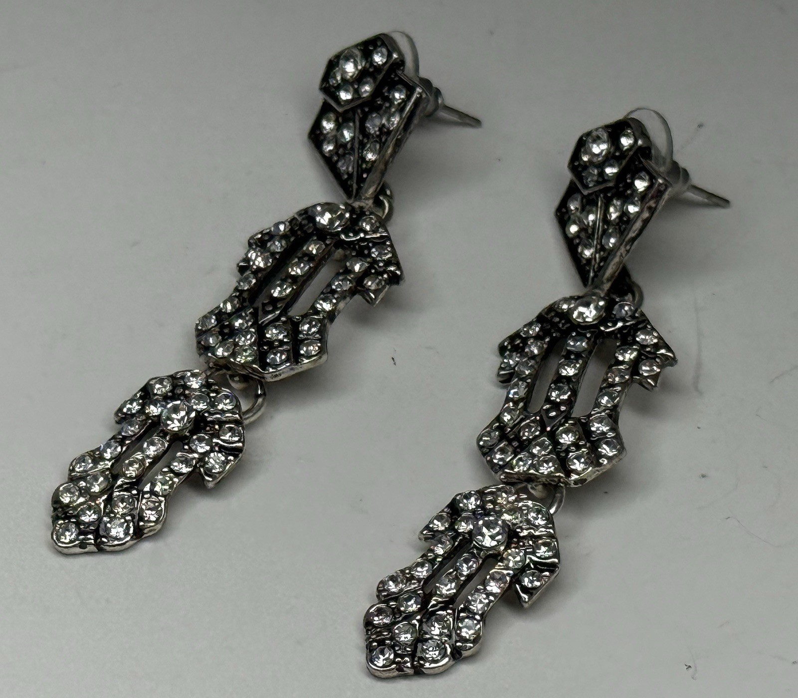 Vintage Art Deco Flapper Rhinestone Earrings Dangle Drop Pierced Gatsby Style