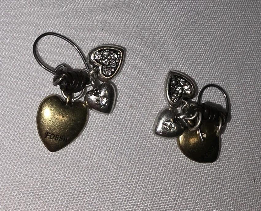 Vintage “Fossil” Two Tone Heart Dangle Pierced Earrings, about 1 inch dangle