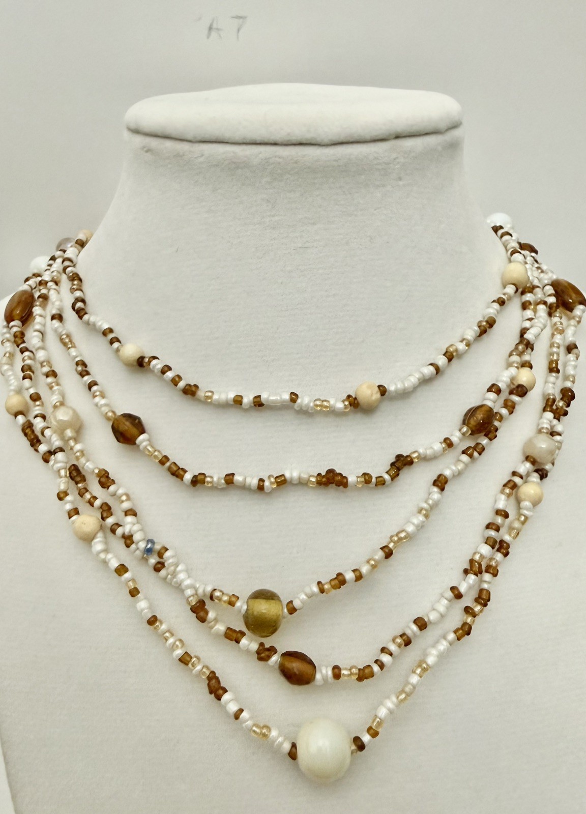 Vintage Multi-Strand Seed Bead Necklace Brown White Glass Beads Boho Layered