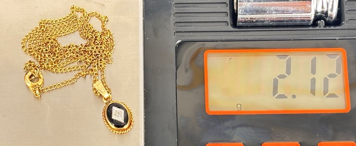 VTG Art Deco 14k Solid Gold Onyx Accent Diamond Pendant & 12k G. F. Necklace 18″