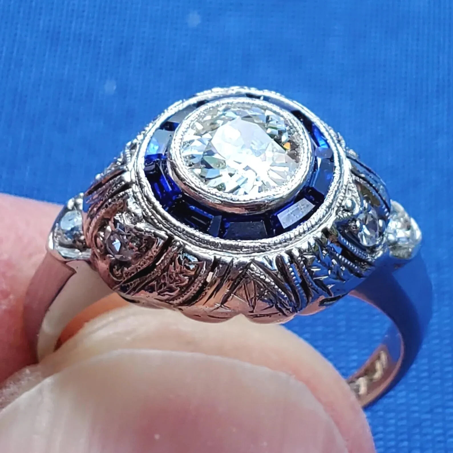 Original EARTH MINED DIAMOND Engagement Ring Deco PLATINUM SAPPHIRE Solitaire 5