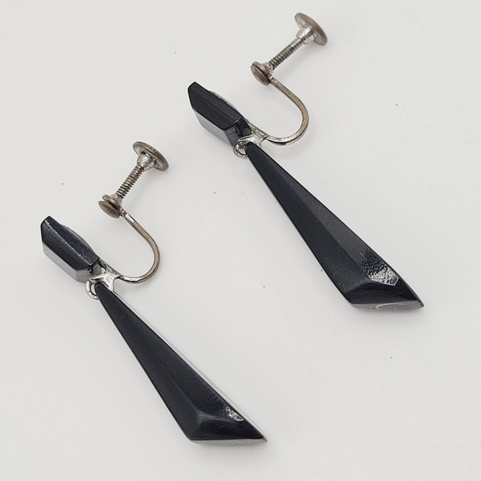 Hawaiian Natural Black Coral Vintage Screw Back Art Deco Style Dangle Earrings