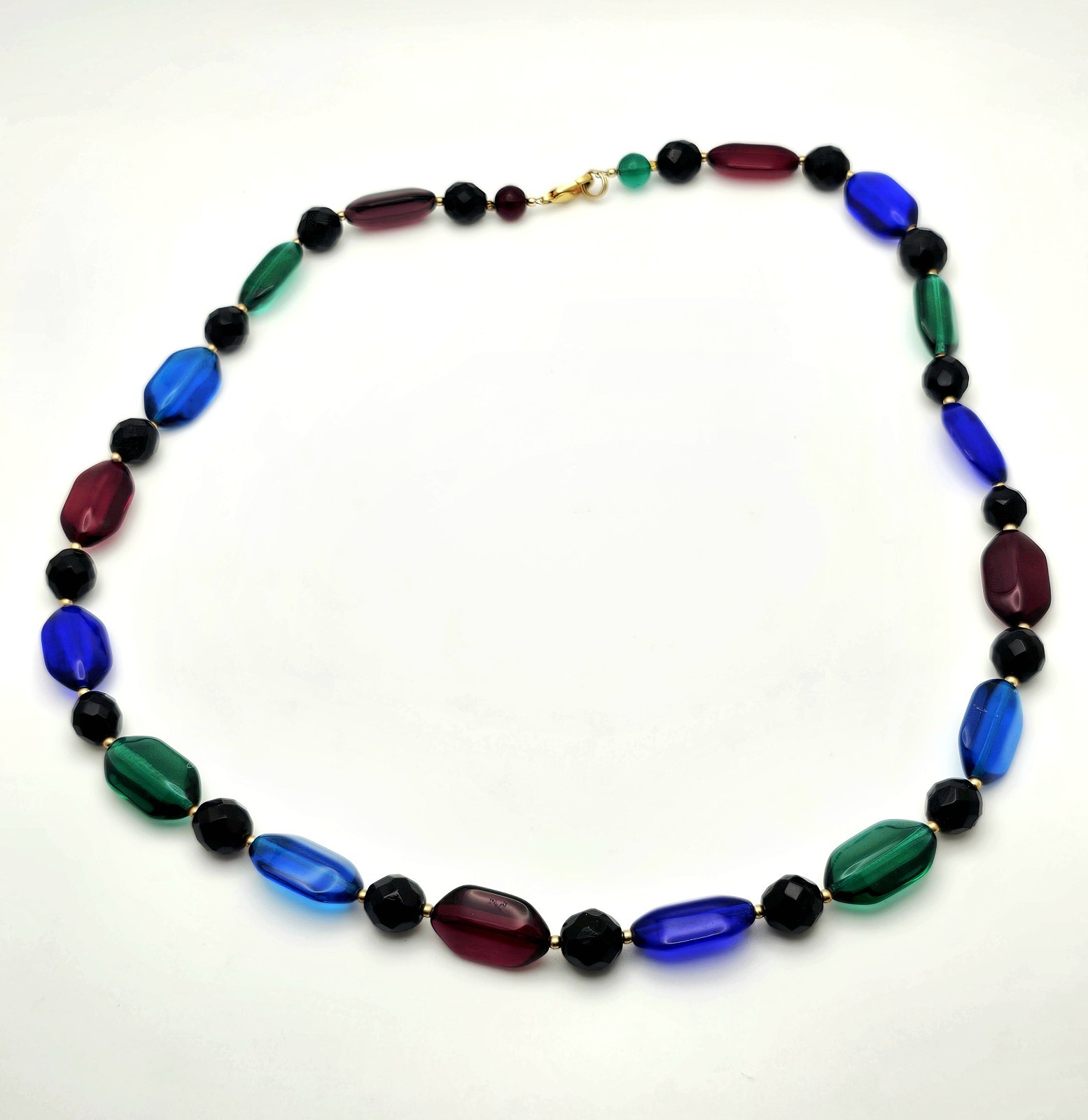 Vintage 1930s Czech Art Glass Necklace Blue & Clear Faceted Beads Handmade
