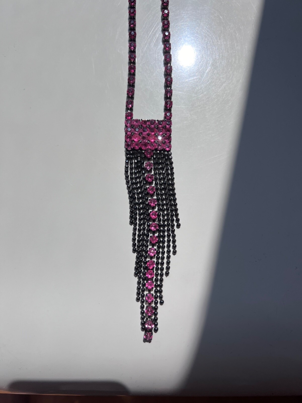 Vintage pink rhinestone gunmetal fringe necklace 90s 00s adjustable 14.5-18 in