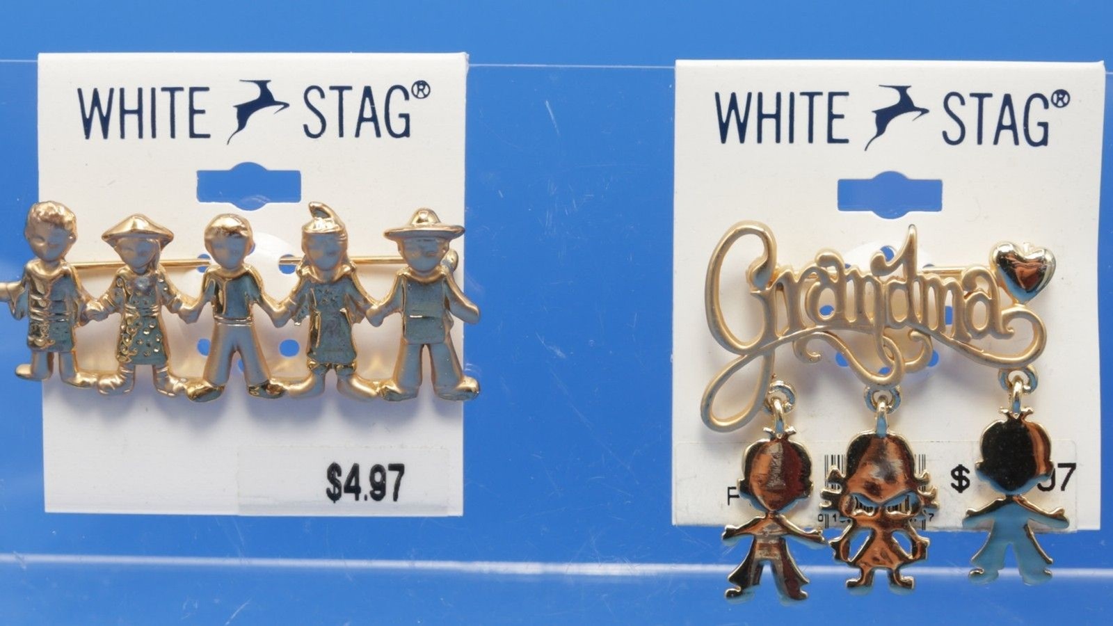 White Stag Gold Tone Grandma Brooch Pins Lot – Kids Chain & Dangle Charm Set