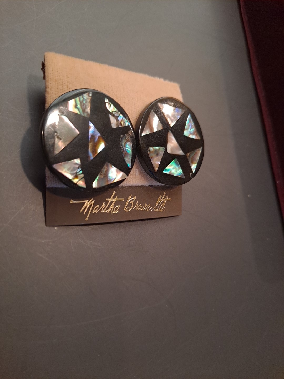 Vintage 80s 90s Black Round Inlaid Abalone Shell Pierced Earrings