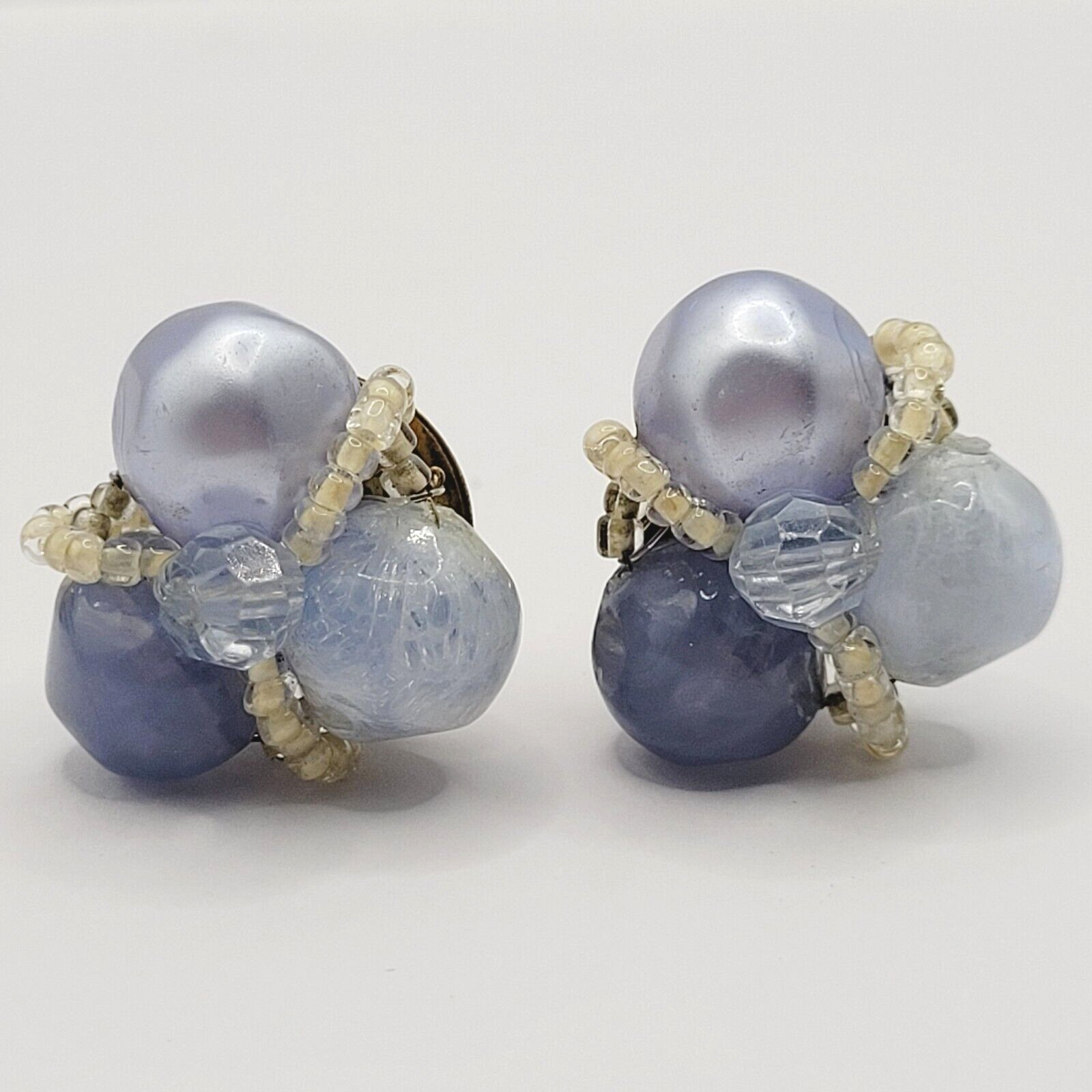 Blue Tones Lucite and Seed Bead Cluster Clip On Earrings 1950s 1960s W Germany