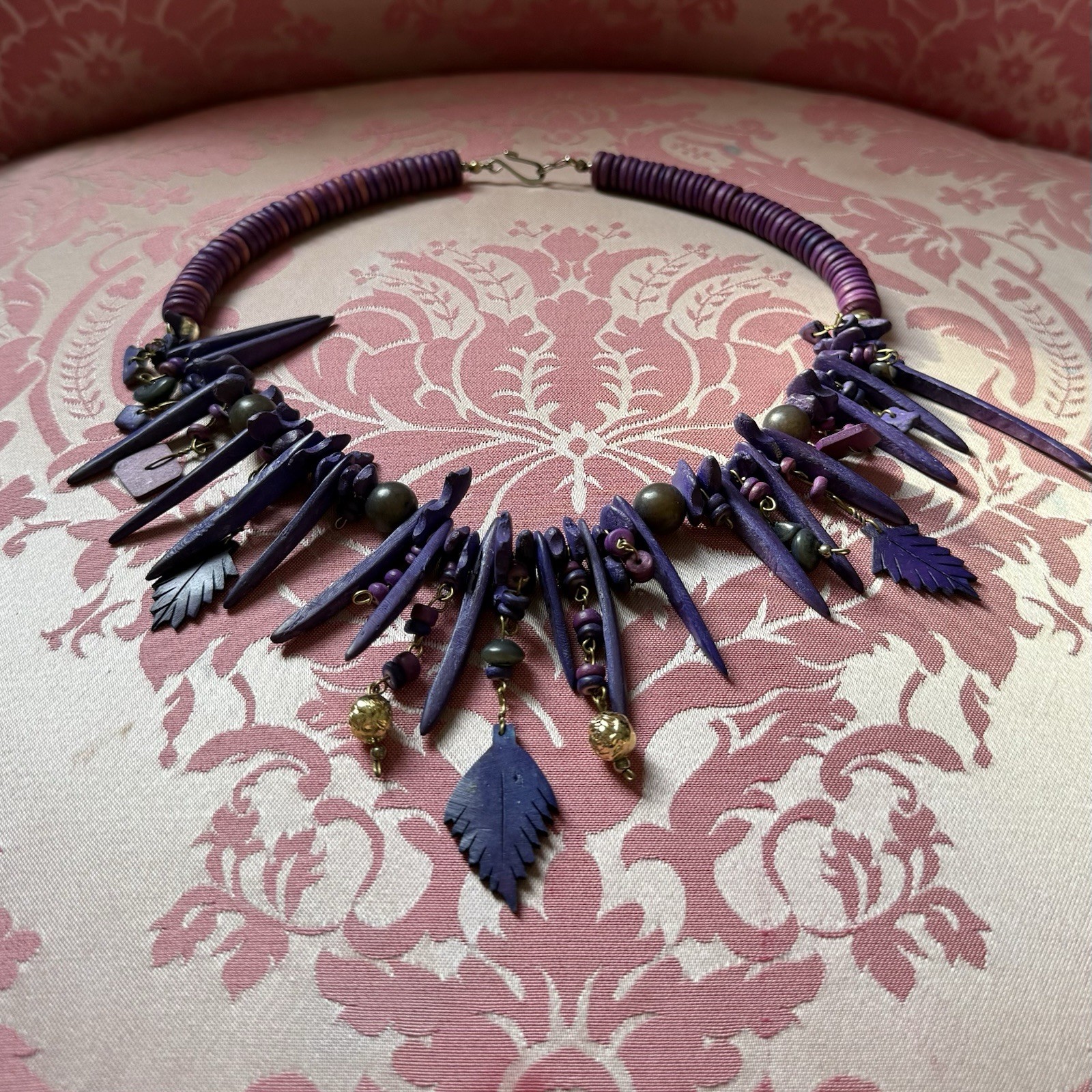 Vintage Funky Spike Purple Wood Leaf Beaded Necklace Tribal Festival Statement