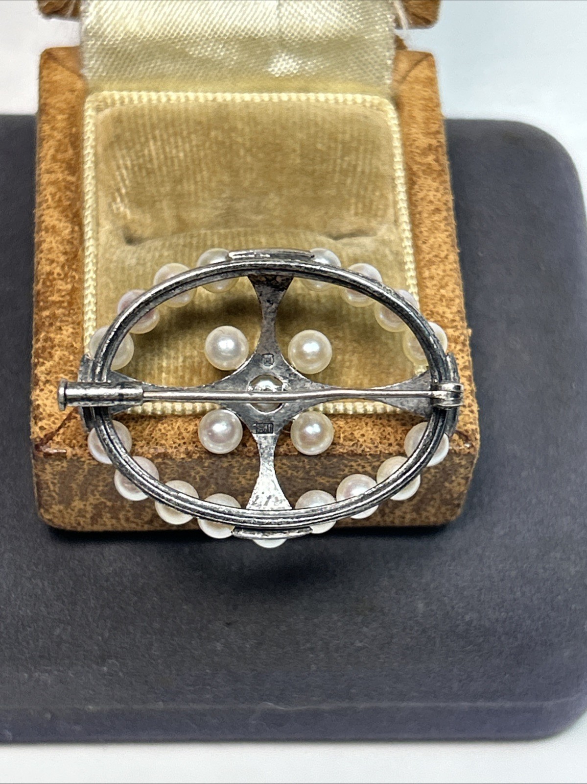 Vintage Mikimoto Sterling Silver Japanese Akoya Pearl Oval Wreath Cross Brooch
