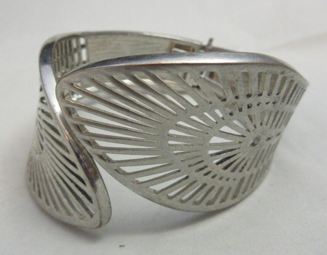 Wide Vintage Hinged Open Work Clamper Cuff Bracelet Silver Tone Wrap Around Look