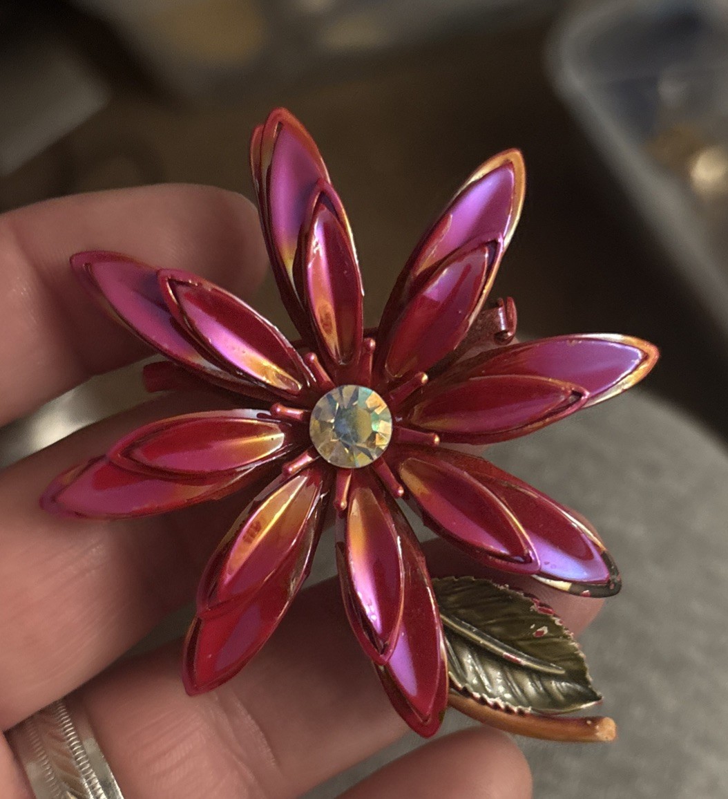 VTG 60s Large Red Iridescent Enamel Flower Ab Rhinestone Leaves Brooch