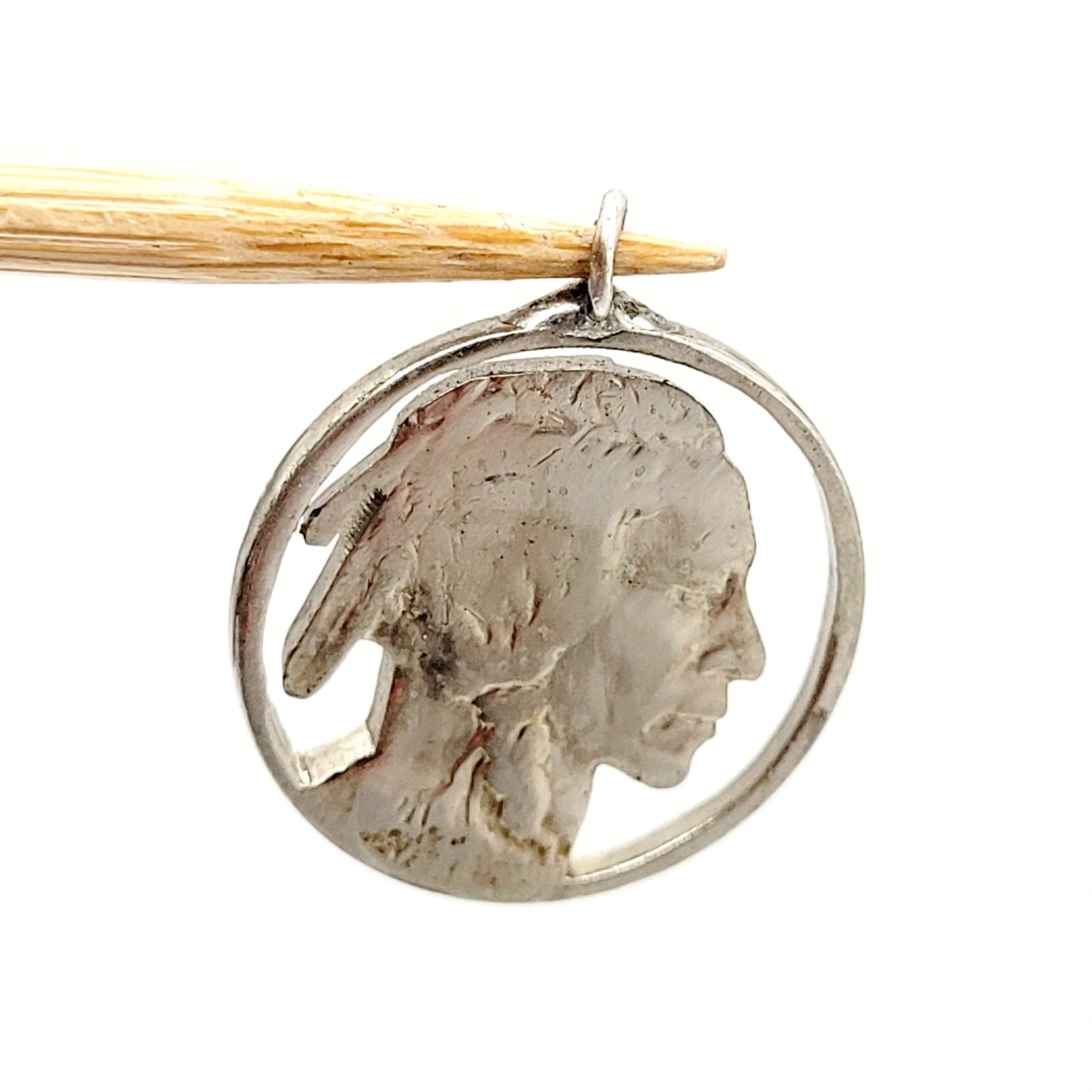 Shiny Buffalo Indian Nickel Silver Tone Cut Coin Pendant Cracked Bail For Repair
