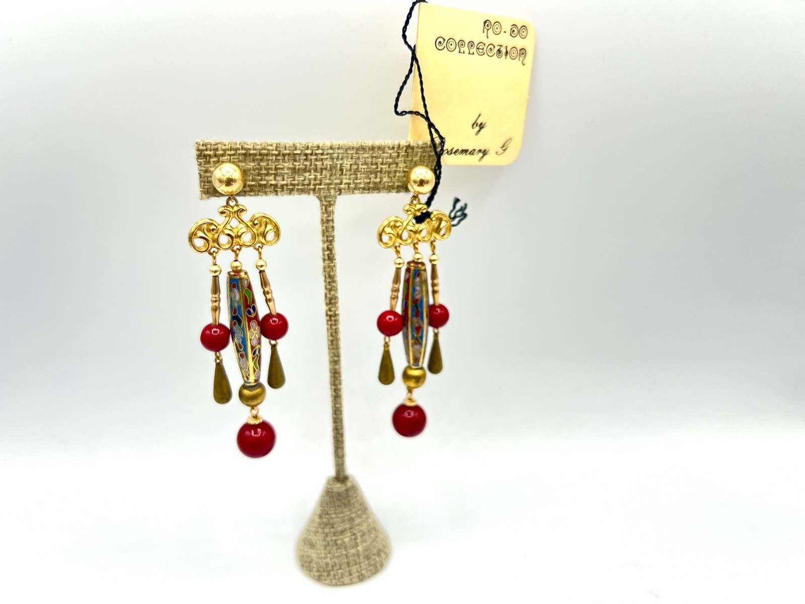 Vintage Gold Red Cloisonné Bead Artisan Dangle Earrings New Old Stock NOS