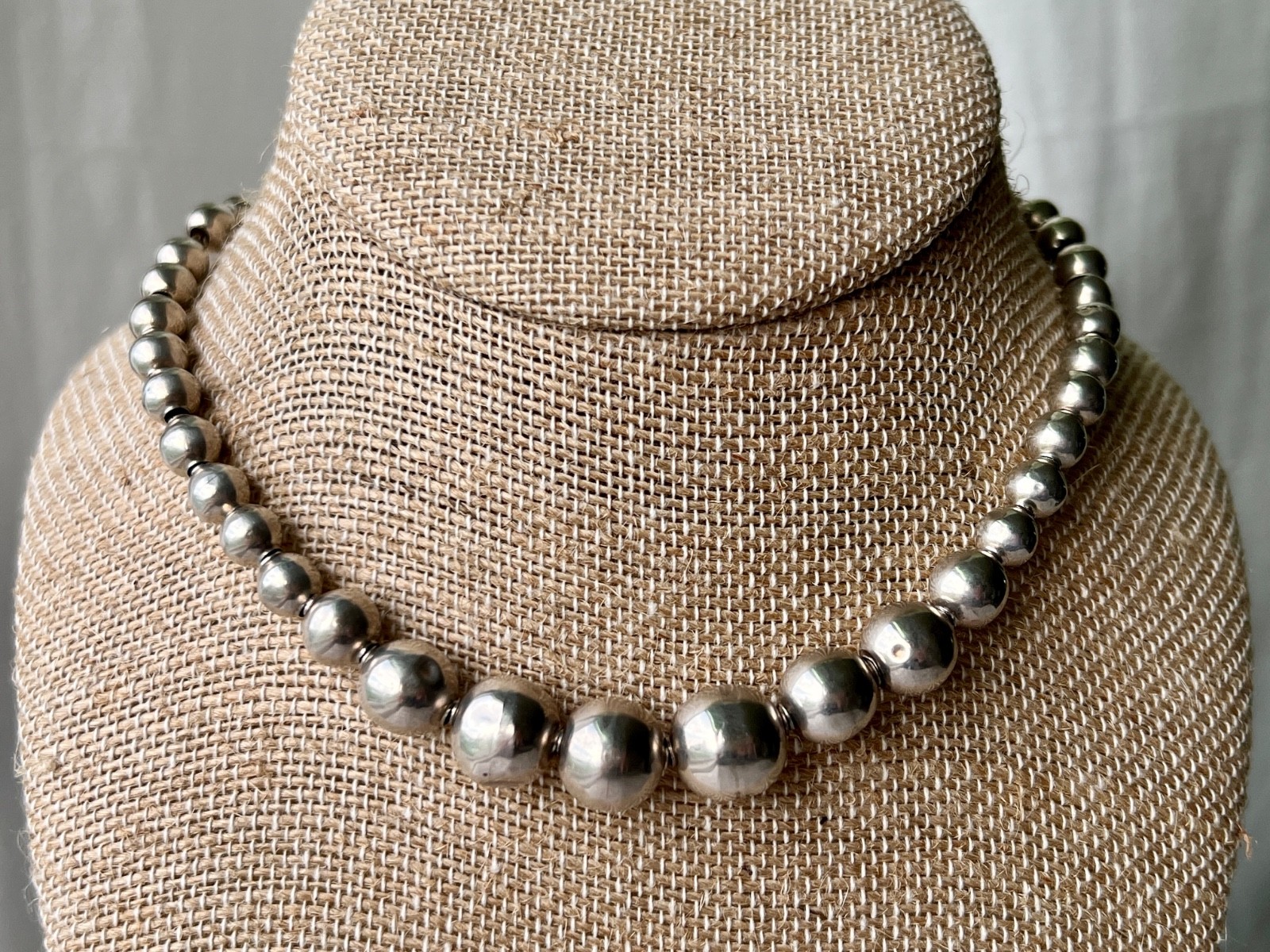 Vintage Iguala Mexico Sterling Silver Graduated Bead Necklace 925 ASA 16.5″