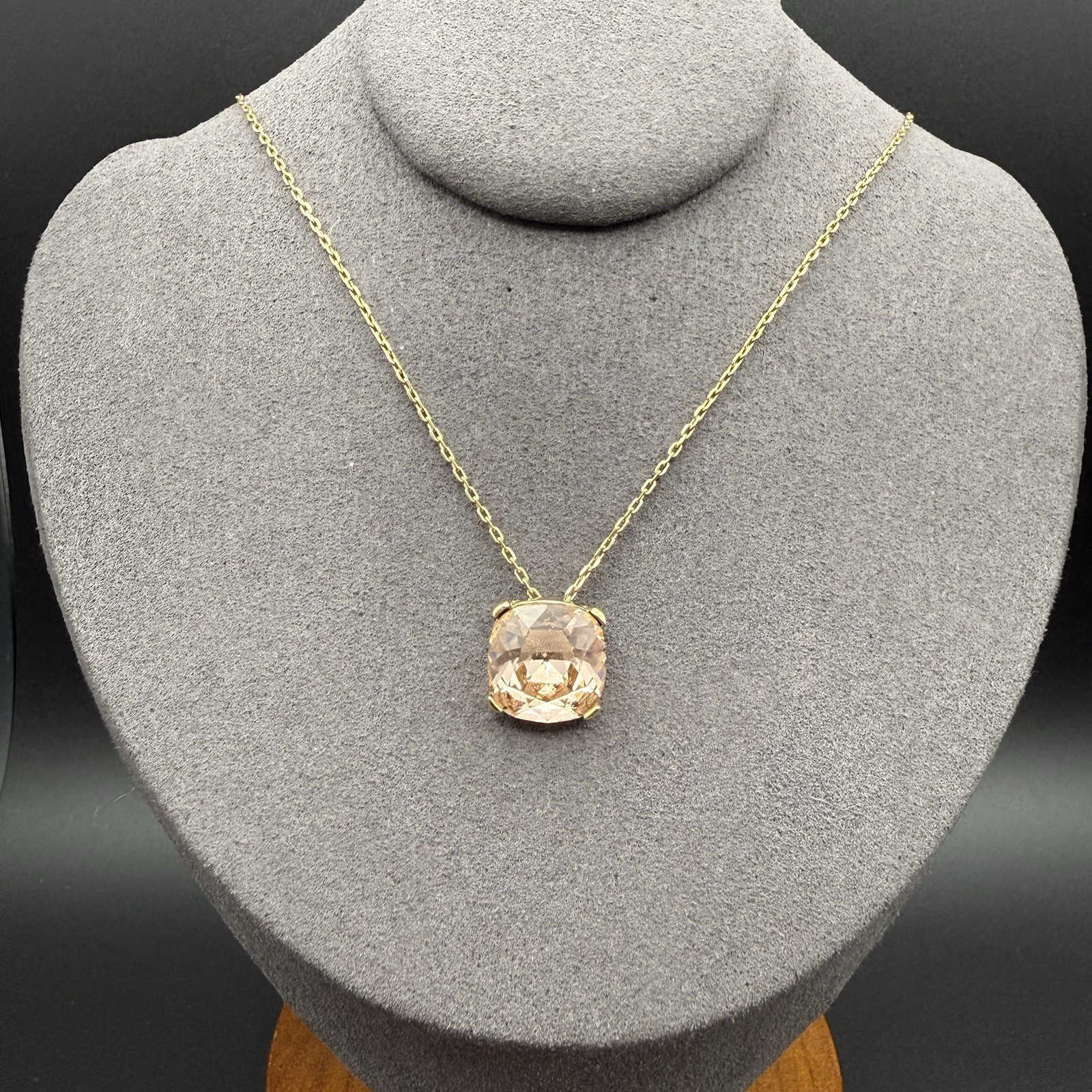 Gold Tone Blush Champagne Cushion Cut Crystal Pendant Necklace Modernist Sparkle