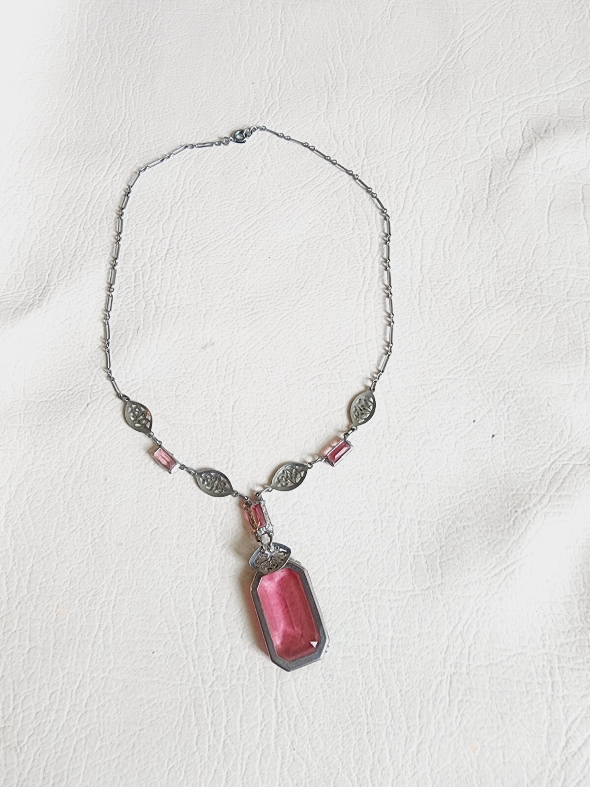 Antique ART DECO Silver Tone PINK CZECH Glass Filigree Necklace