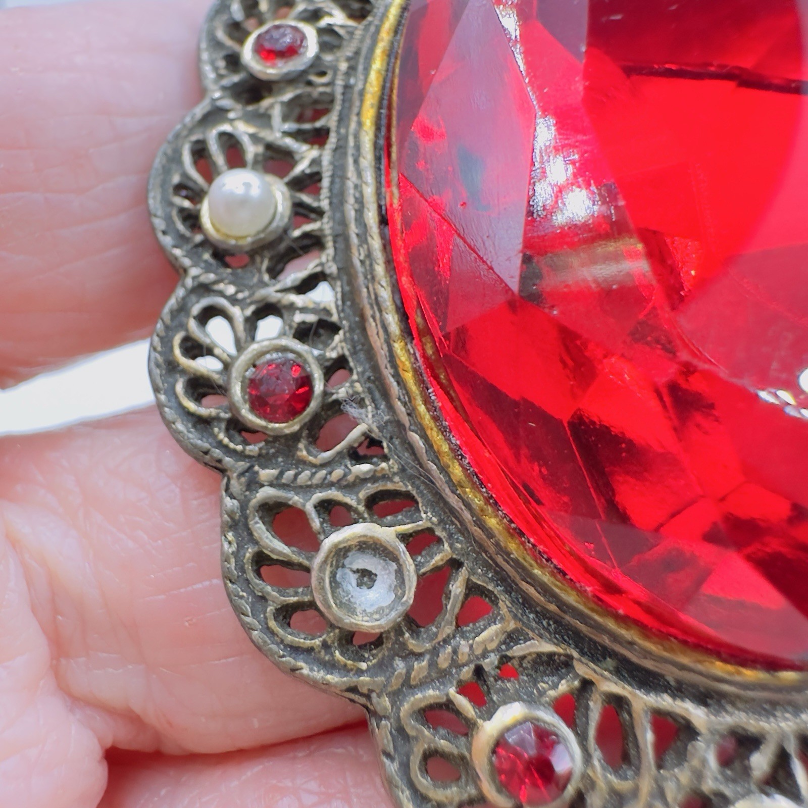 Vintage Red Glass Brooch Pendant Victorian Revival Antiqued Gold 2.75″ *READ*