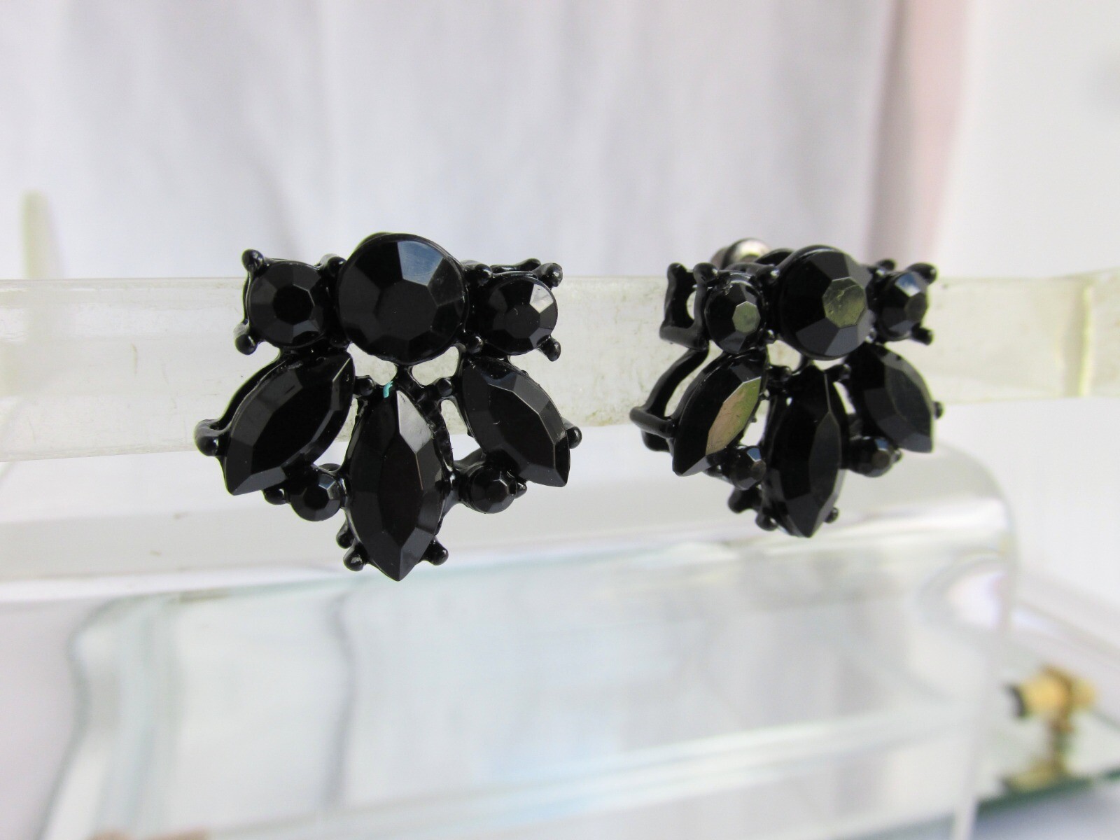 Vintage Black Rhinestone Pierced Earrings Black Enamel Finish