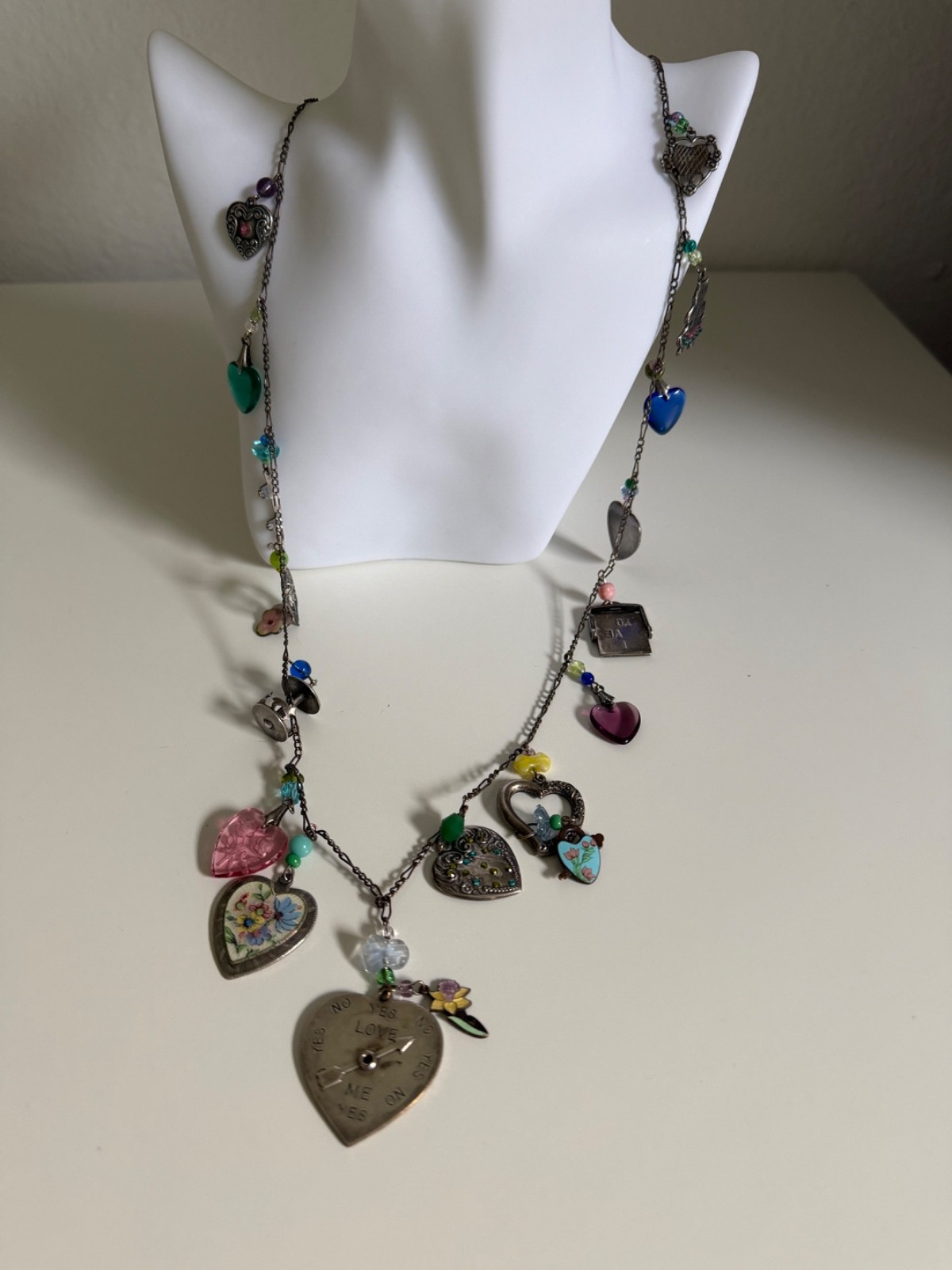 Vintage Glass Works Studio 32″ Multi Charm Necklace Love Me Spinner I Love You G