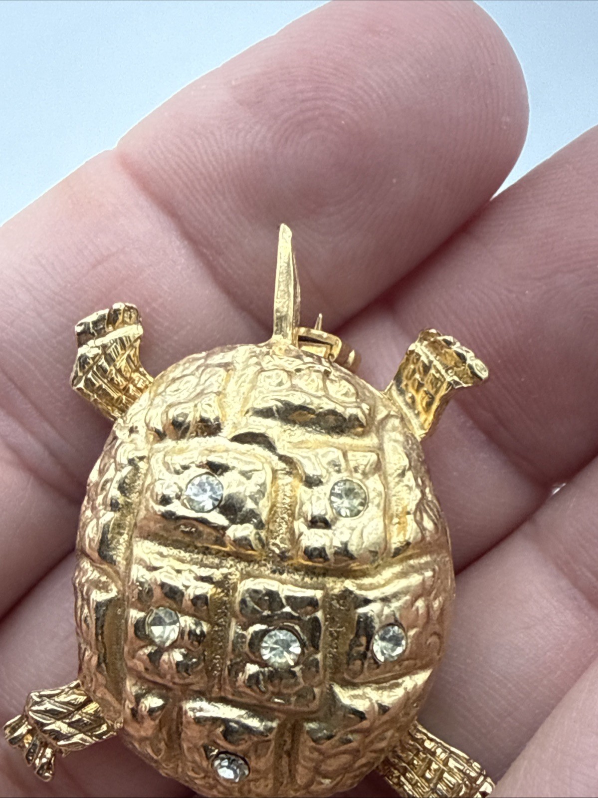 Gold Turtle Brooch/Pin With Green Eyes And Clear Stones On Shell Vintage (READ)!