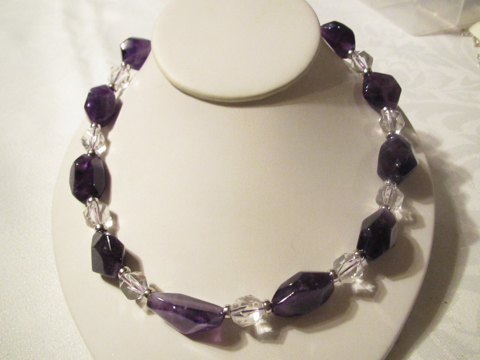 NEW HSN LARGE CHUNKY GENUINE AMETHYSTS & CRYSTALS BEAD NECKLACE – STERLING CLASP