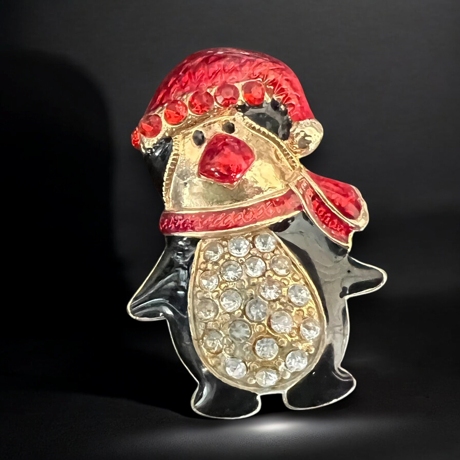 Penguin Christmas Brooch Red Enamel Hat Rhinestones Gold Tone Vintage Holiday