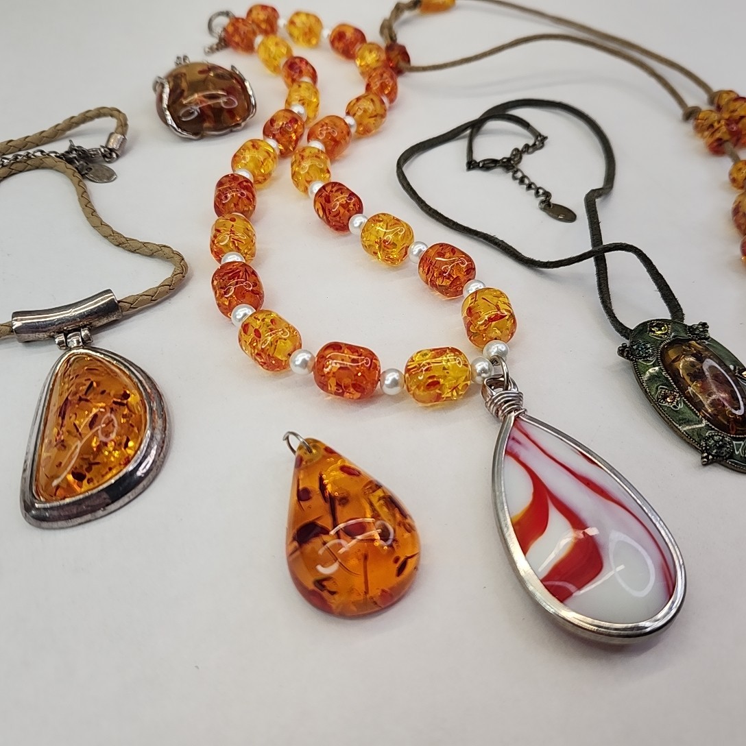 Faux Amber Necklace Lot of 6 Pendants Beads