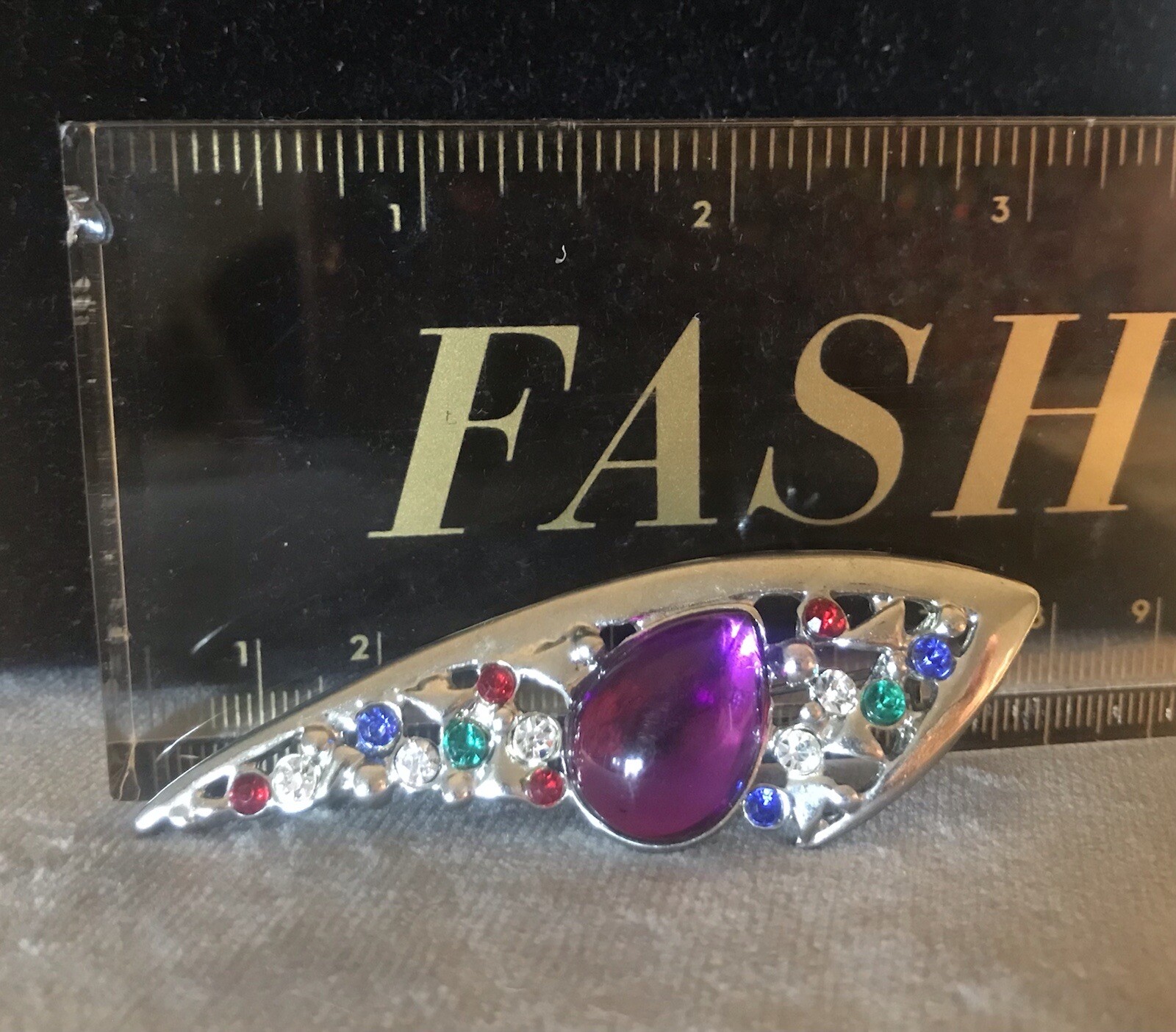 Colorful 80’s Look Brooch Purple Cabochon Central Stone w/White Red Green Blue
