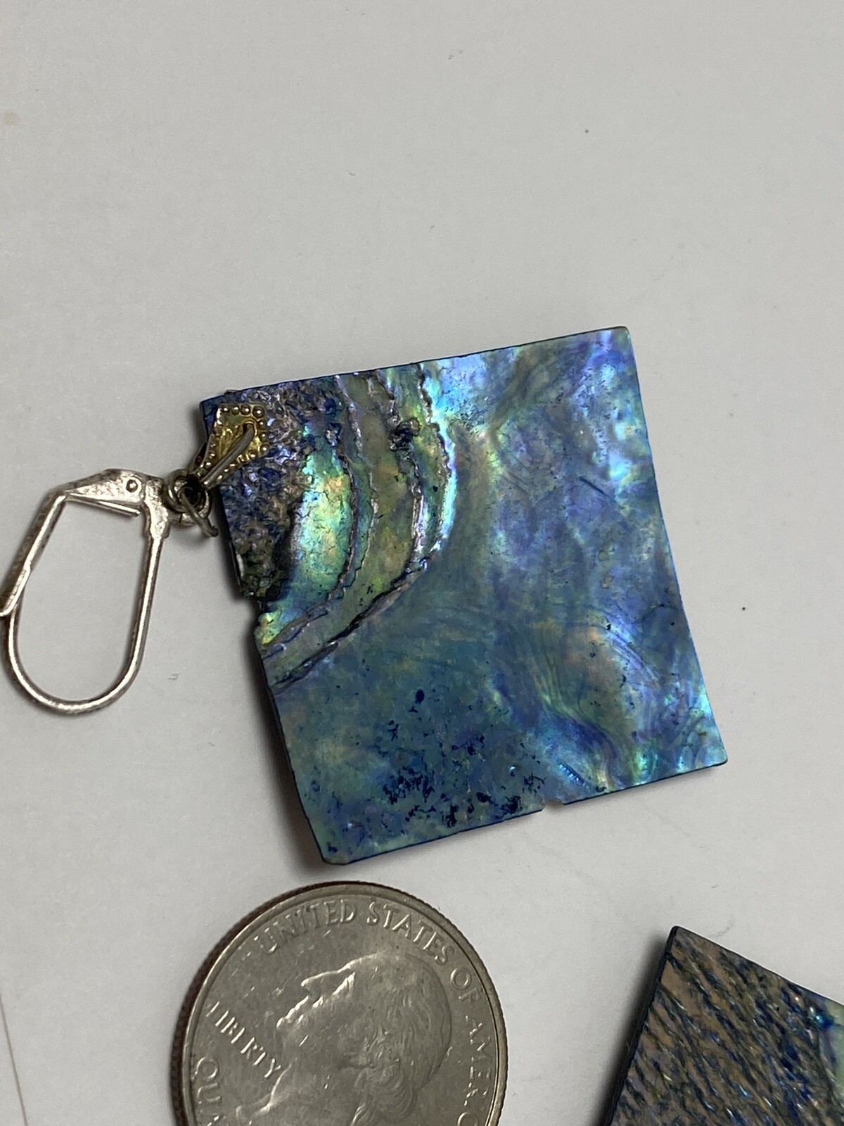 Vintage Large Iridescent Blue Green Abalone Shell Paua Square Dangle Earrings