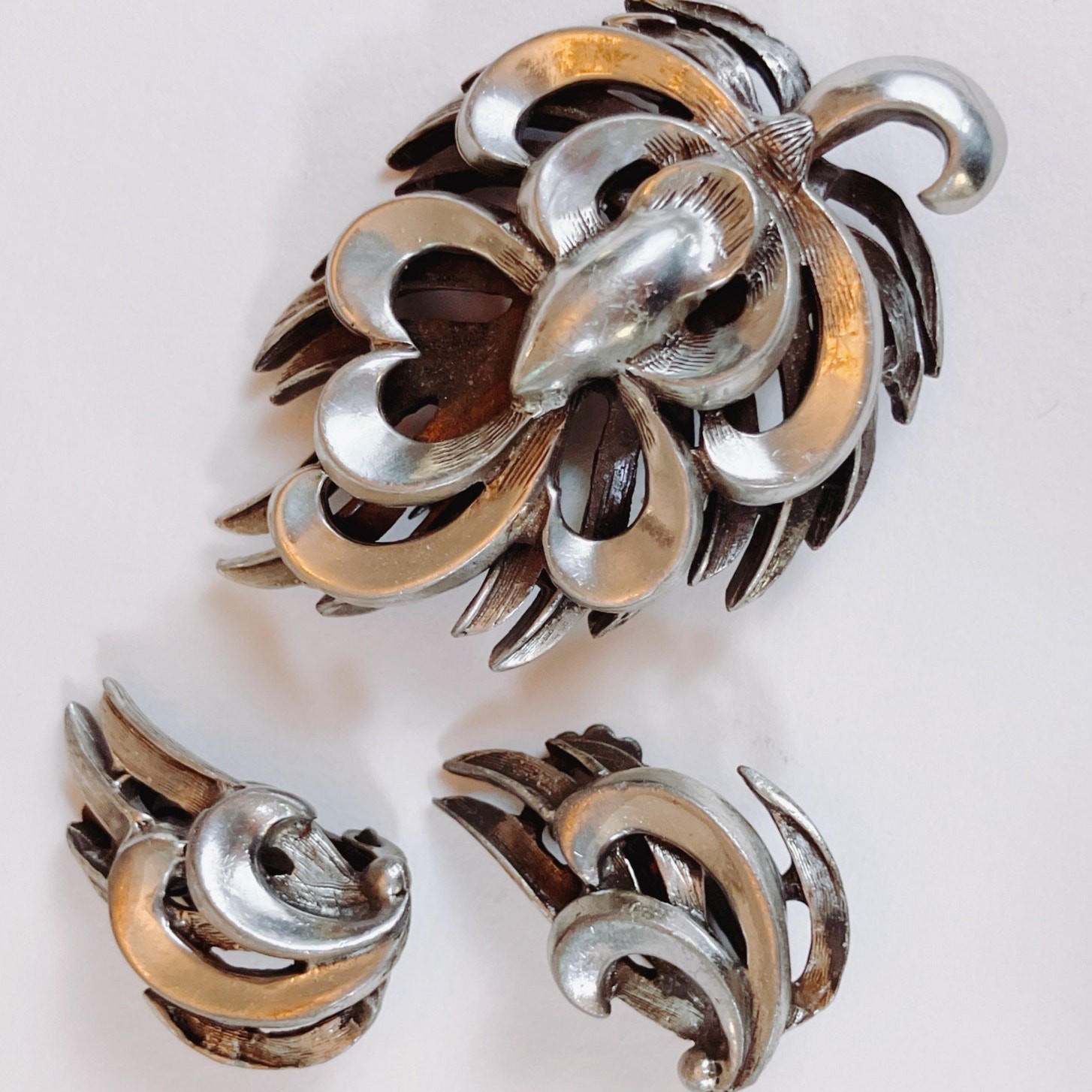 VTG Mid Century 44g Silver Brooch Earrings Set Layered Modernist 50s Jewelry