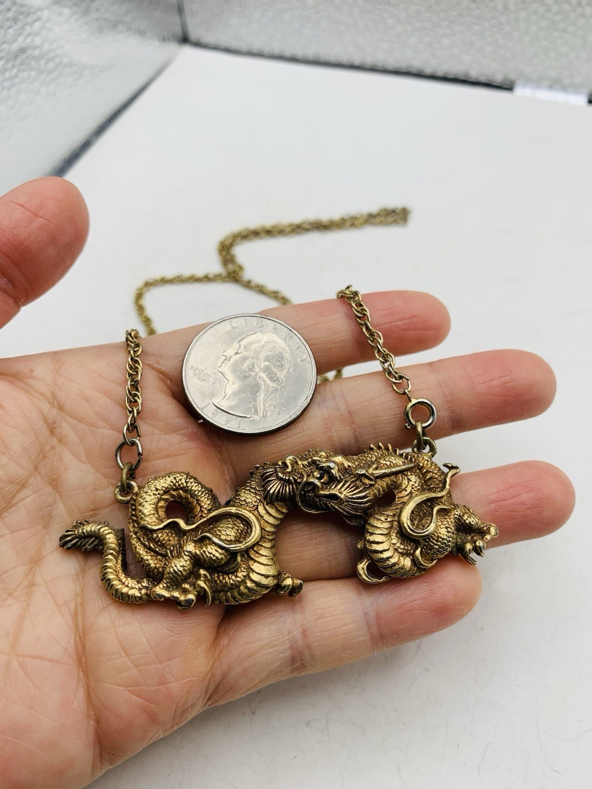 Vintage Alva Museum Replica Gold Tone Menuki Asian Japanese Dragon 18” Necklace