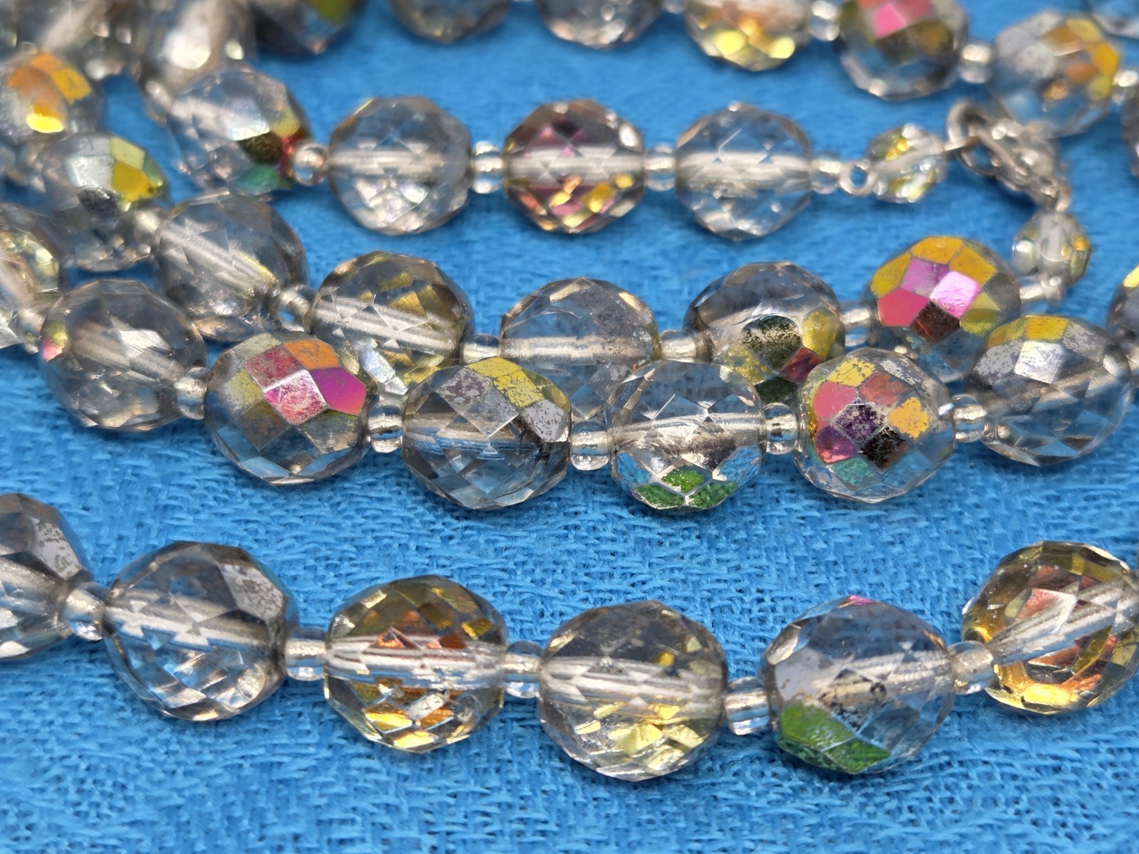 Mirrored AB Aurora Borealis Faceted Glass Necklace Vintage 36 Inches