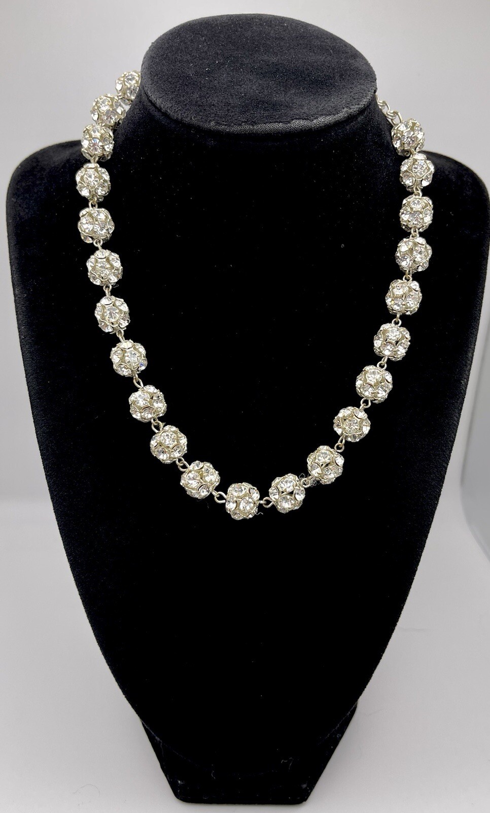 Vintage Clear Rhinestones 6mm Spheres 14” to 17.5” Adjustable Choker Necklace