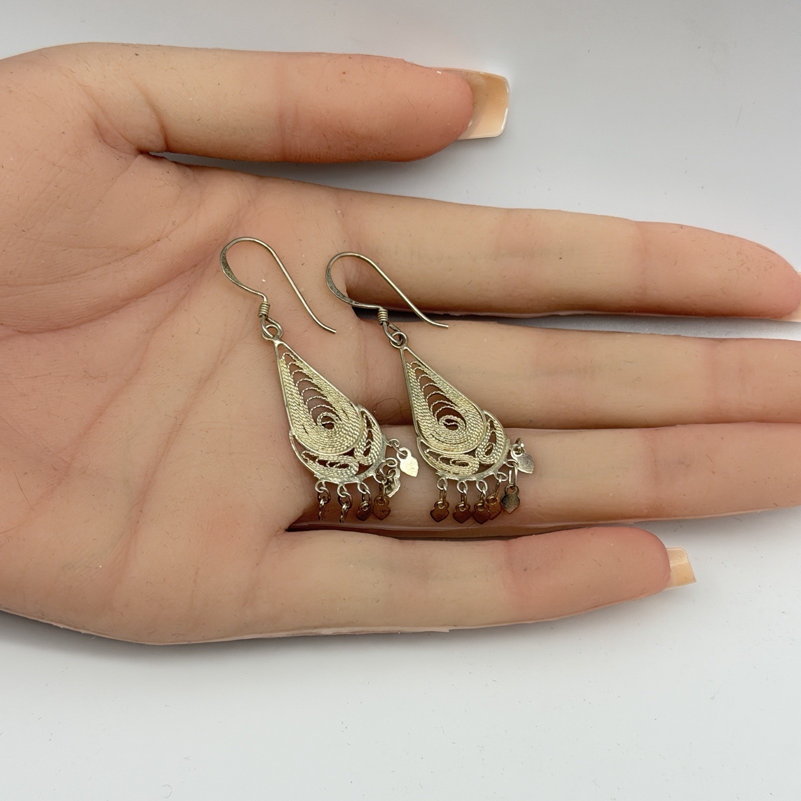Vtg Sterling 925 Spun Silver Earrings Filigree Dangle Drop Cannetille Chandelier