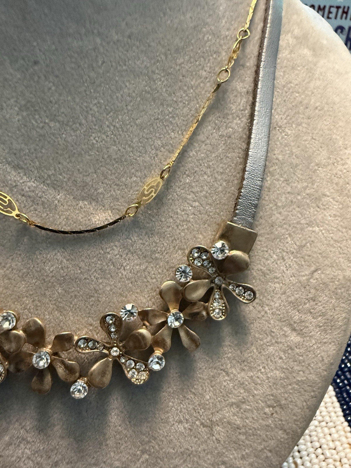 VTG 14” RHINESTONE & GOLD PLATED & LEATHER CHOKER NECKLACE – Costume Jewelry