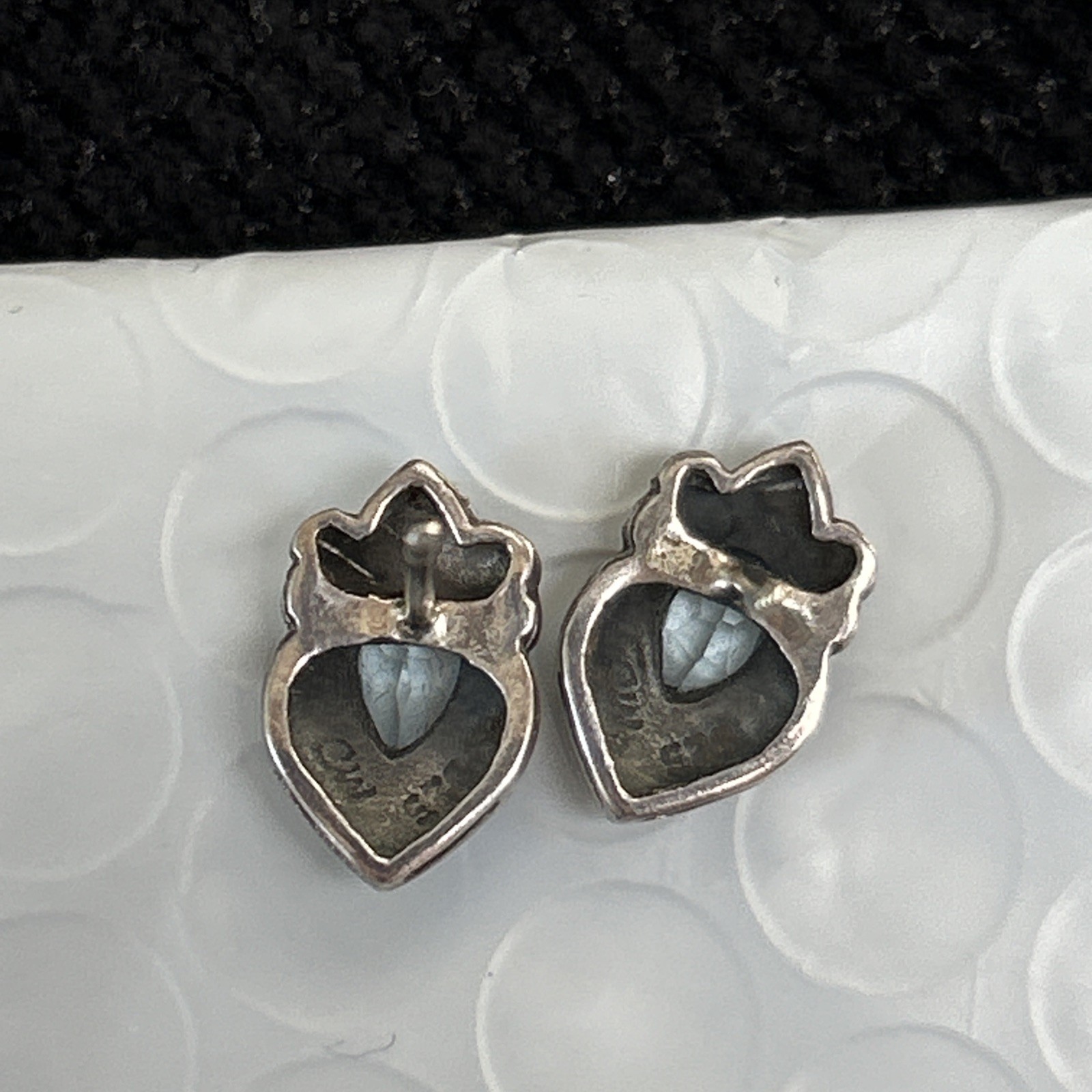 VTG CW Sterling Silver Marcasite Blue Topaz Stud Earrings 1/2” 3g
