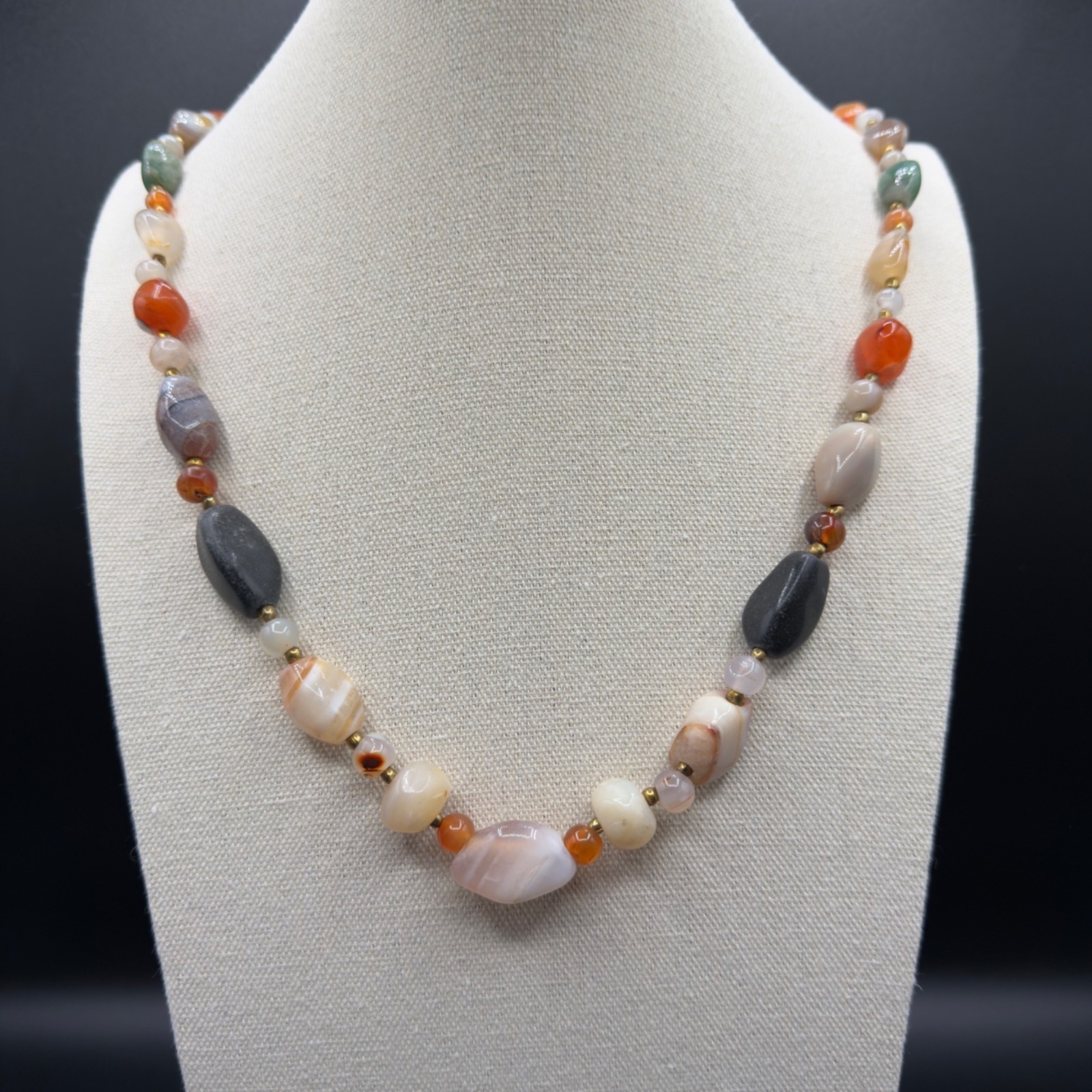 Vintage Beggars Bead Necklace Polished Stone Fall Colors Opera Length 32″