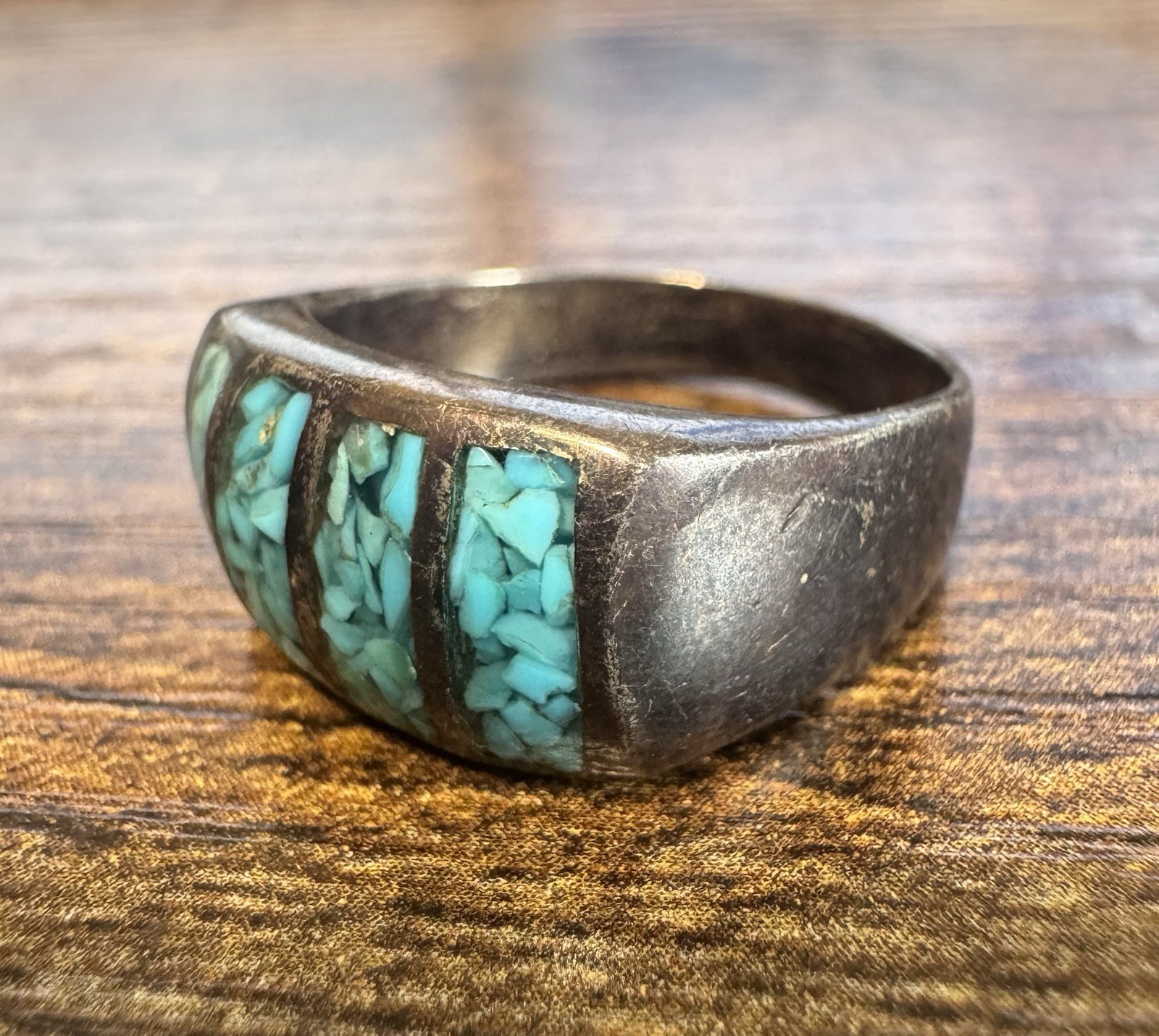 Vintage Southwestern Sterling Silver, Chip Inlay Turquoise Ring – Size 10.25