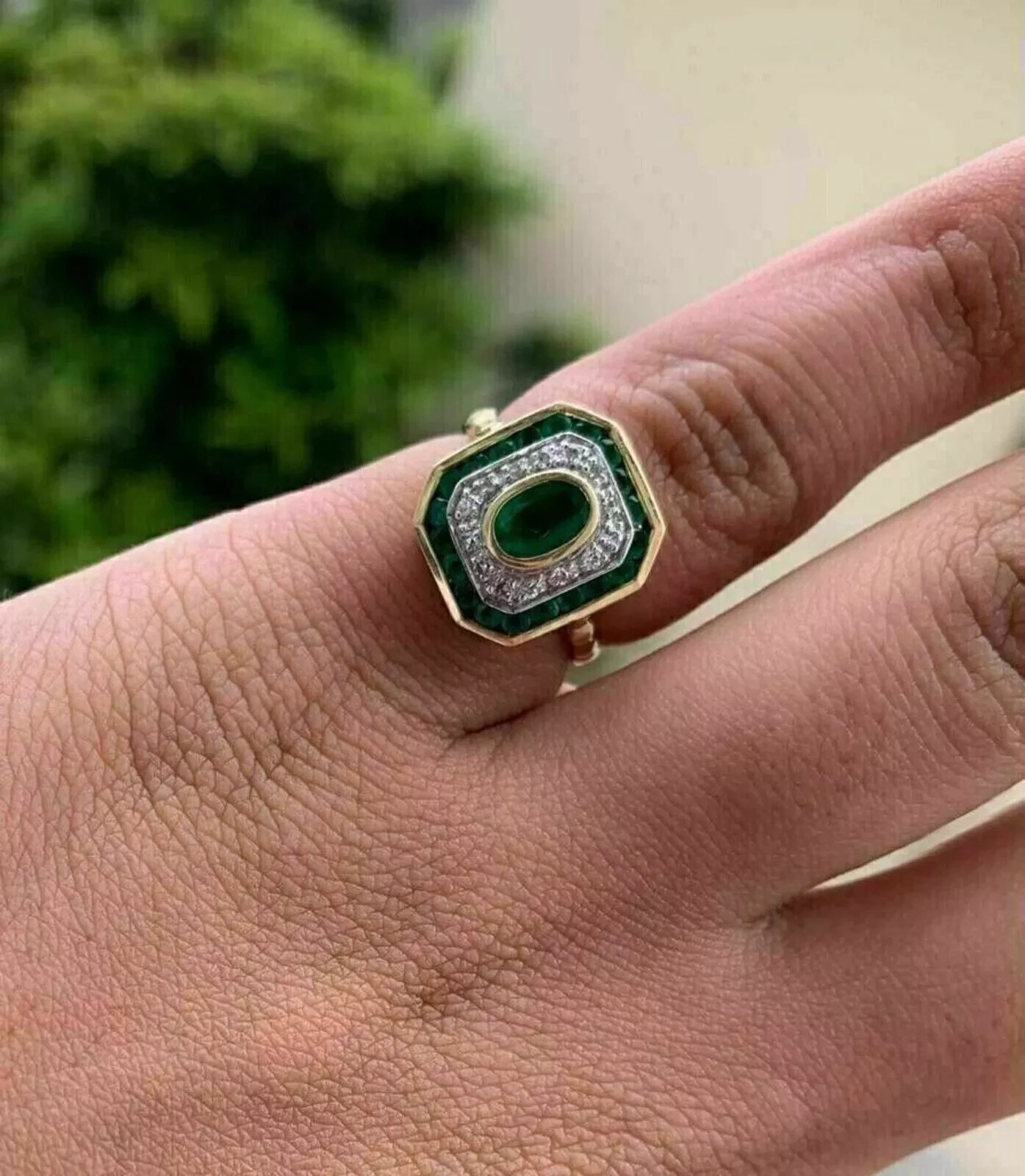 3Ct Vintage Art Deco Style Oval Lab Created Emerald Engagement 14K Gold FN Ring